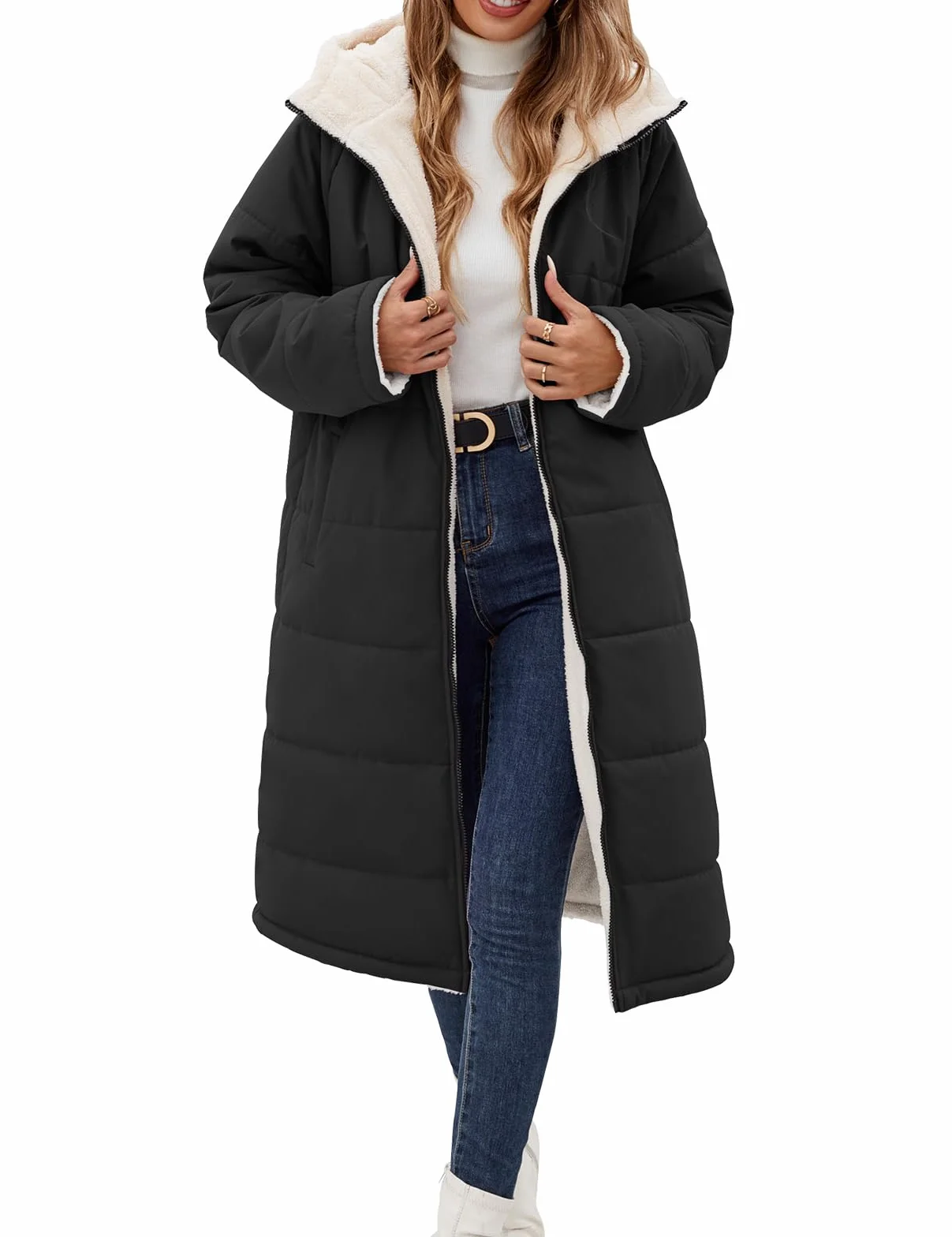 Tuopuda Chaqueta con Capucha Gruesa de Abrigo Largo de Invierno para Mujer Reversible Abrigo de Forro Polar con Cremallera y Bolsillos