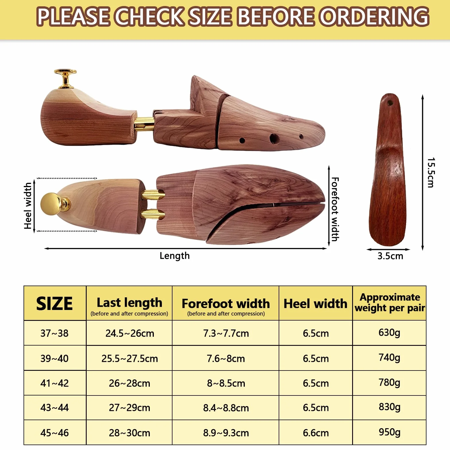 Juego de tensor de zapatos de madera de cedro + calzador – moldeador de zapatos ajustable de madera de cedro, 1 calzador de zapatos de material de alta calidad para el cuidado y secado de