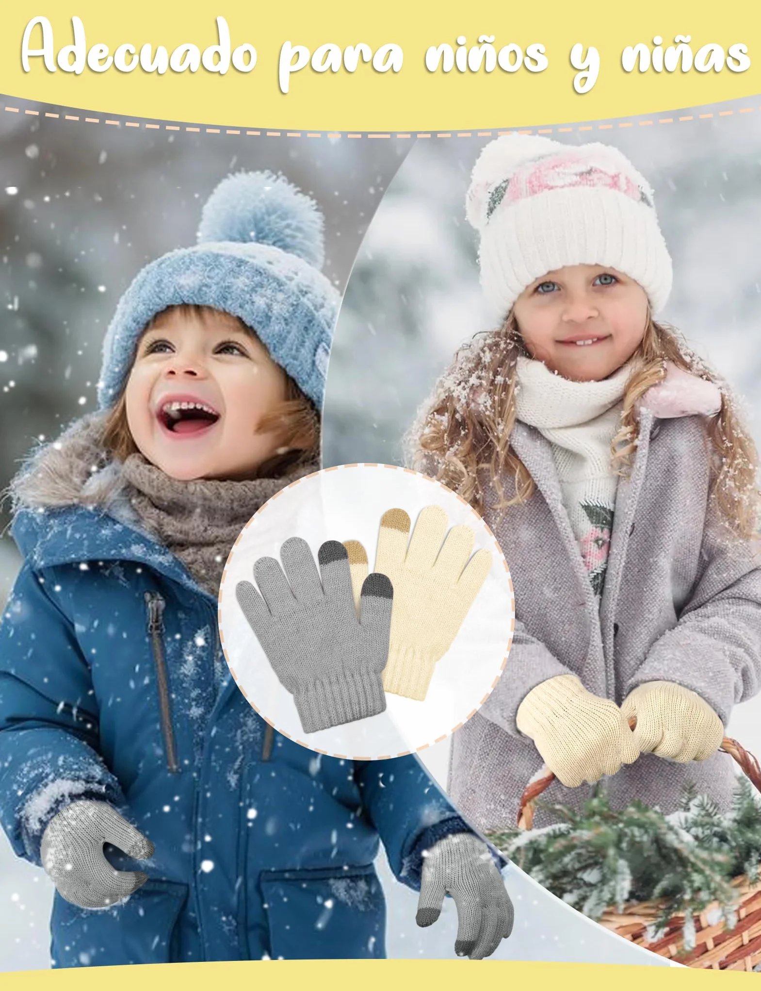 Kiiwah 2 Pares Guantes de Punto para Niños, Unisex Guantes de Dedos Completos Cálidos de Invierno, Guantes de Elásticos Mágicos de Otoño para Niños y Niñas