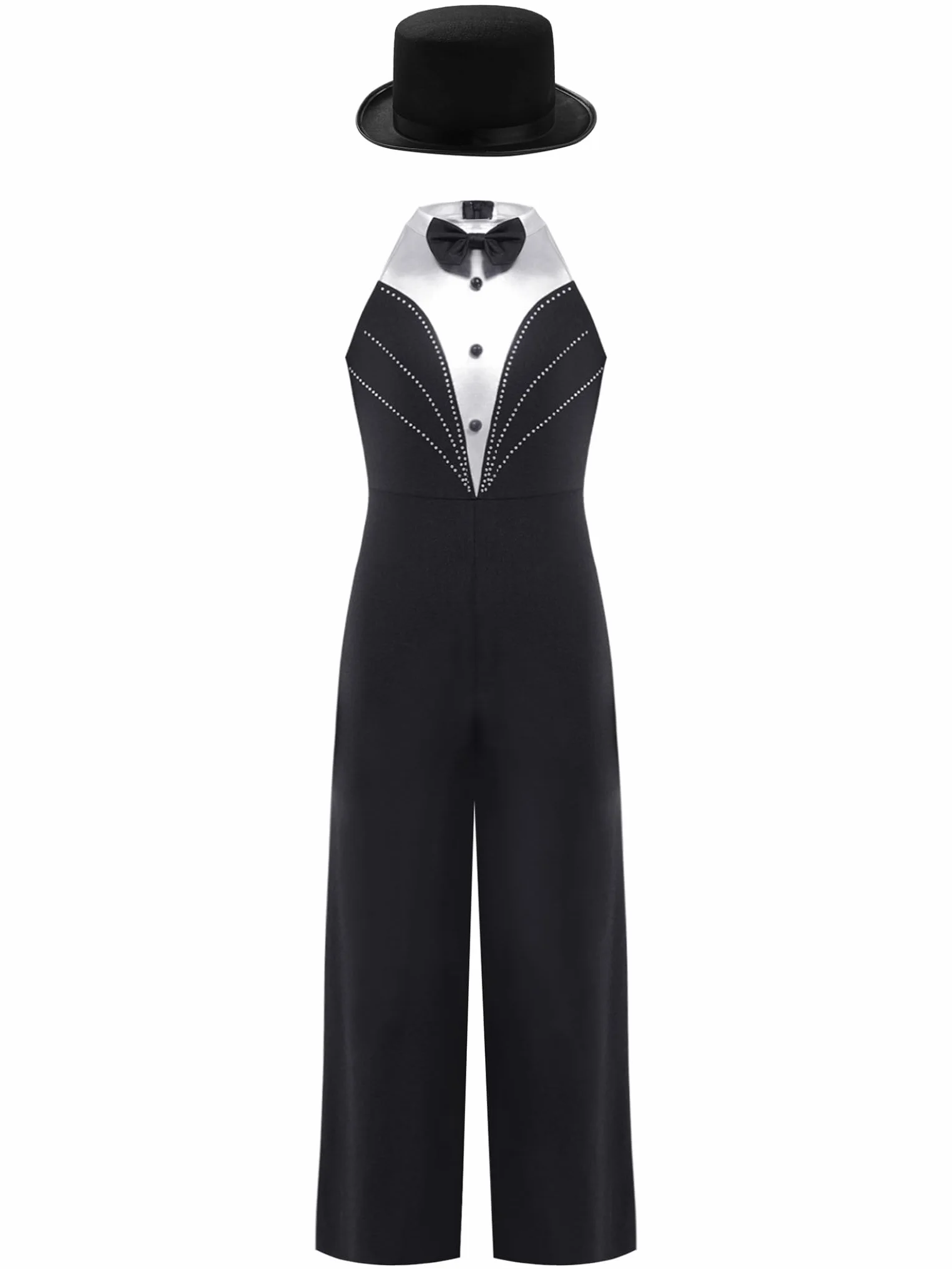 Hedmy Traje de Baile Latino Jazz para Niñas Mono de Pierna Ancha Pantalón de Baile de Patchwork Metálico con Sombrero Ropa de Baile Claqué 5-16 Años