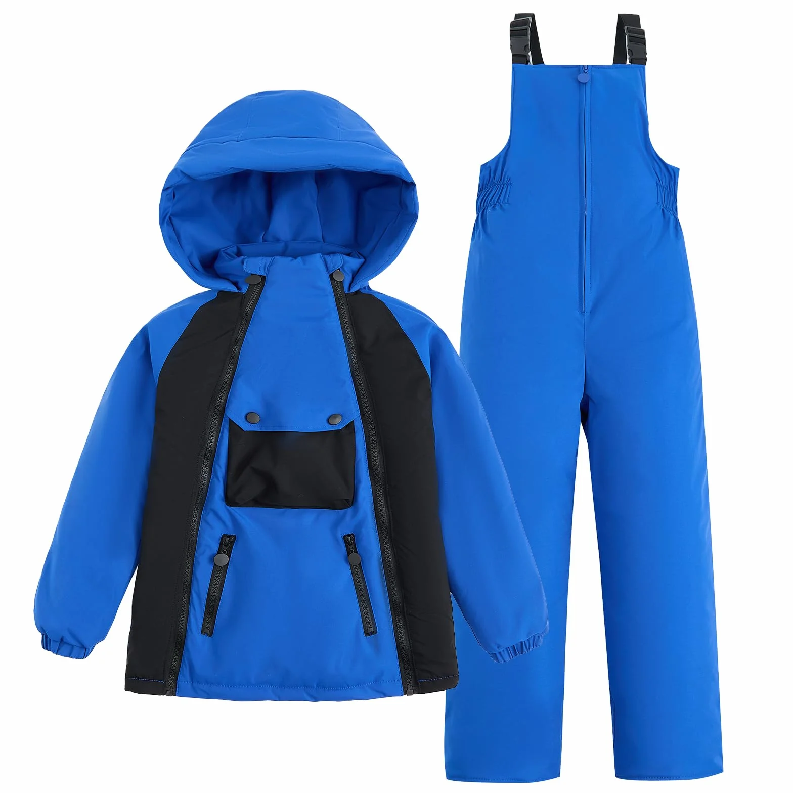 JiAmy Conjunto de 2 piezas de traje de nieve para niños, chaqueta acolchada con capucha y pantalones de nieve, traje ultraligero para niño y niña