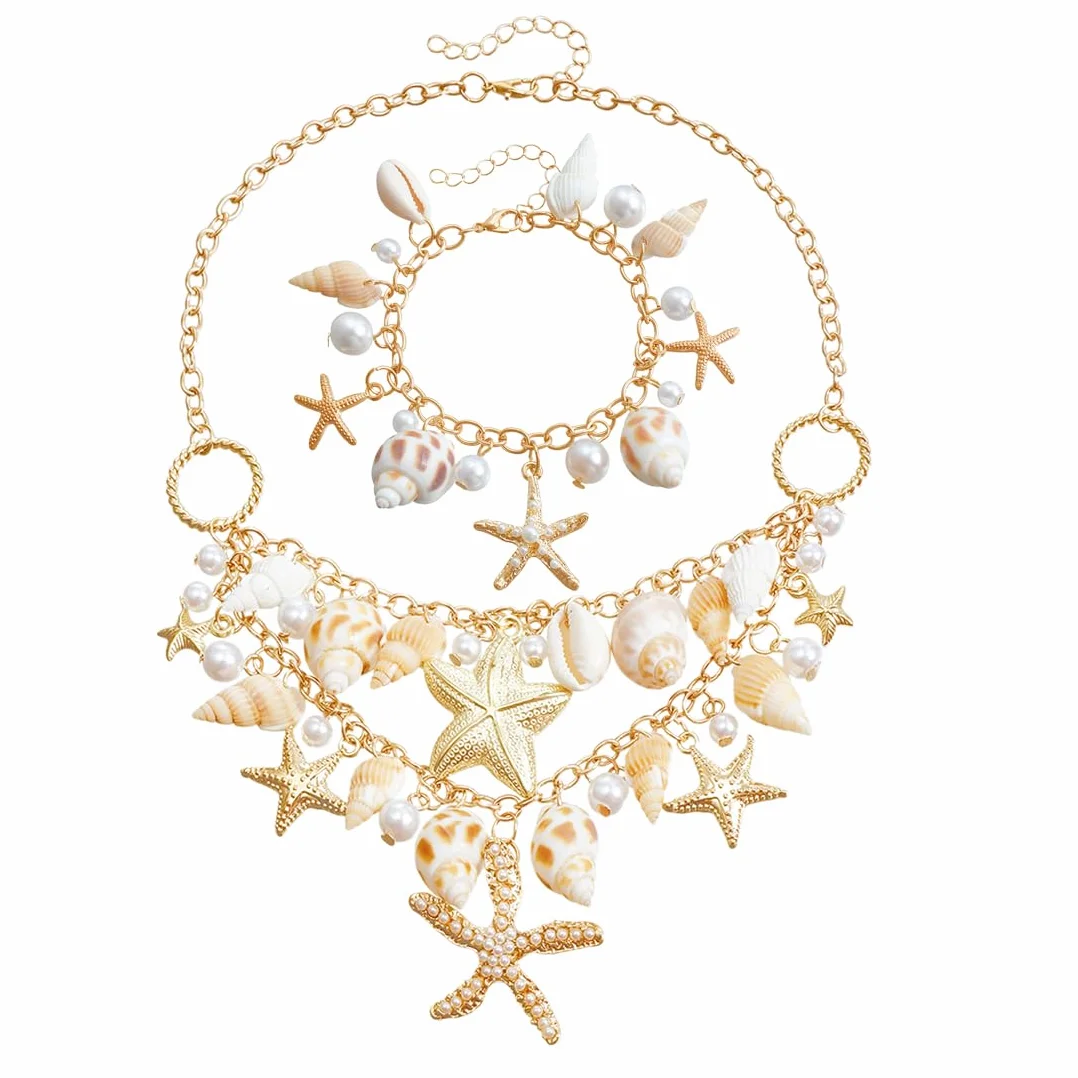 Juego de joyas de disfraz de sirena para mujer, accesorios de disfraz de sirena, estrella de mar, caracola, concha, collar, pulsera, perlas, estrella de mar, aretes de clip para el pel(A)