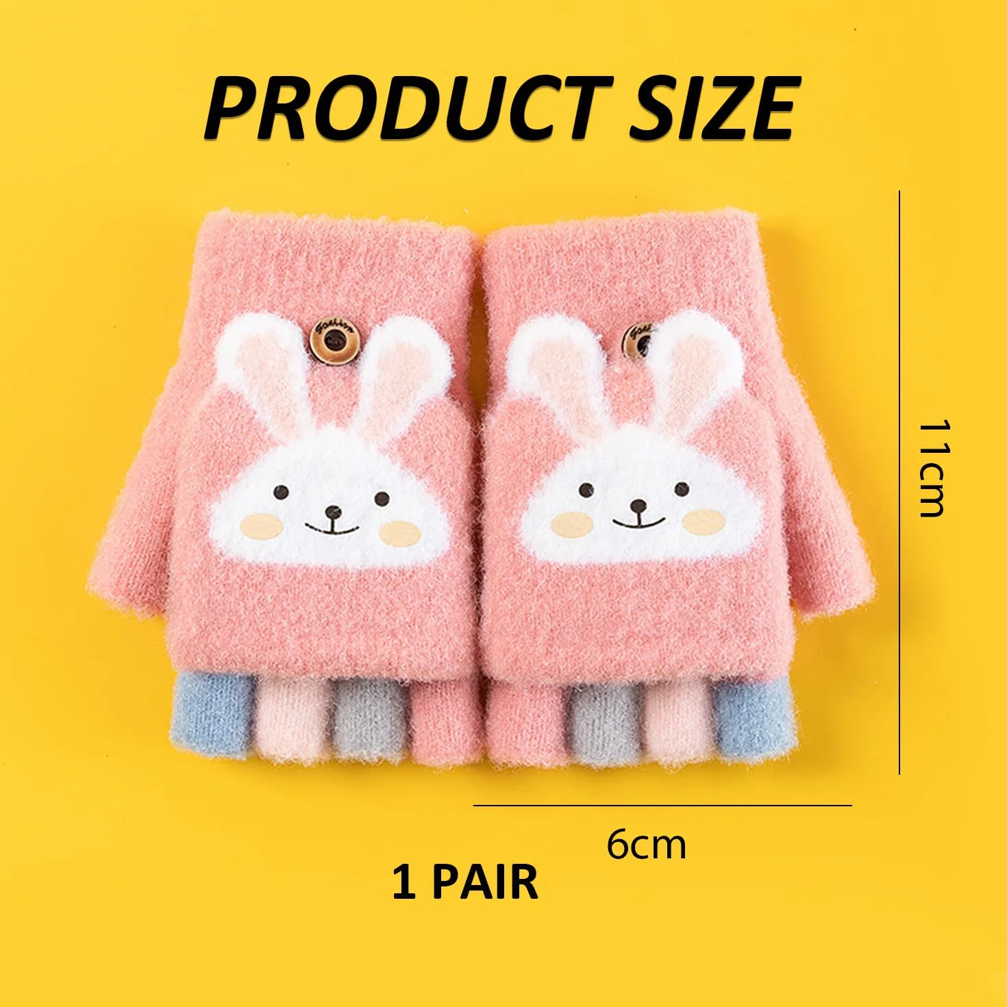 1 par de guantes de conejo para niños, guantes sin dedos, guantes rosas, guantes de dibujos animados para niñas, guantes acolchados cálidos, adecuados para el invierno