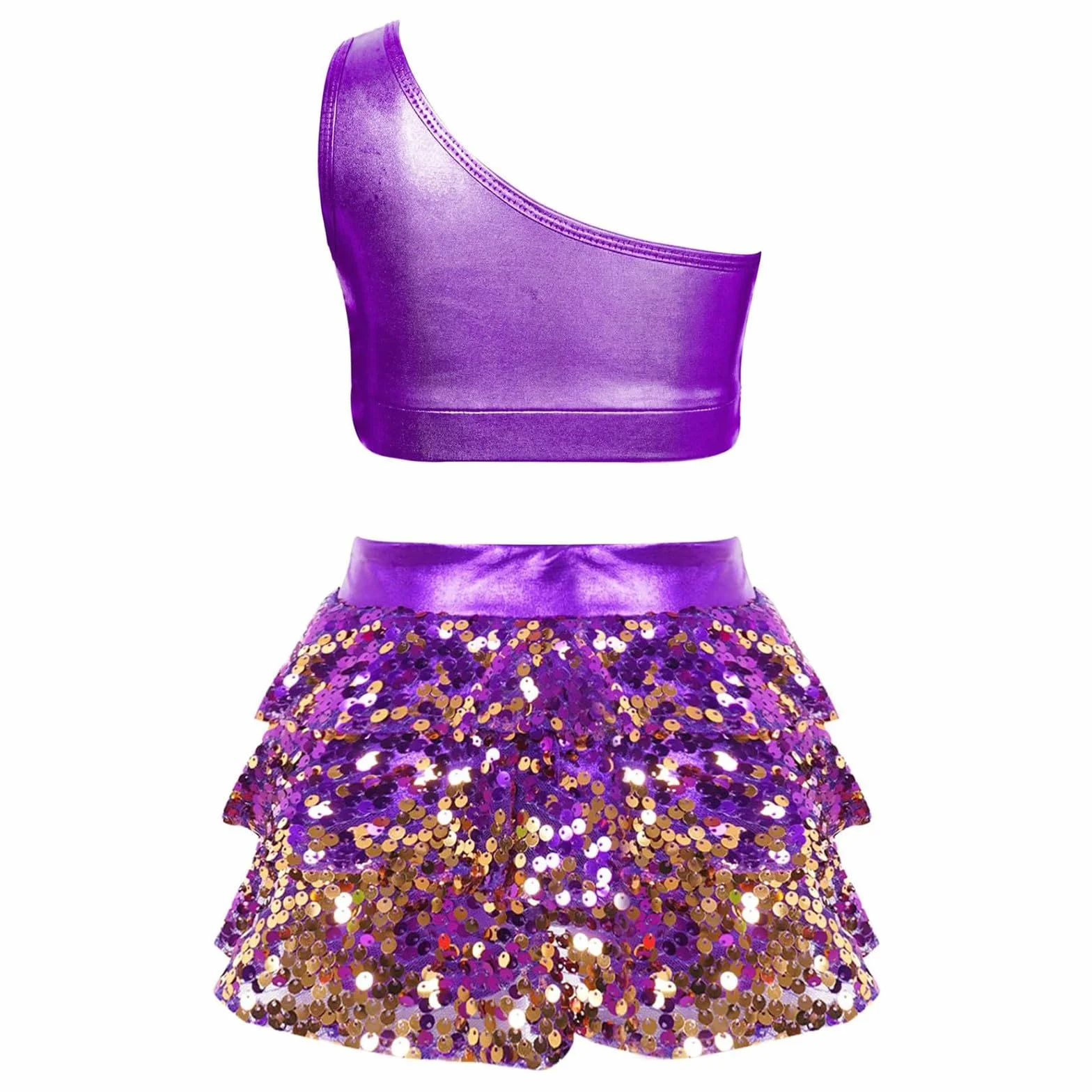 Traje de baile para niña, dos piezas, con lentejuelas, elástico, ajuste cómodo, falda superior para fiestas de baile