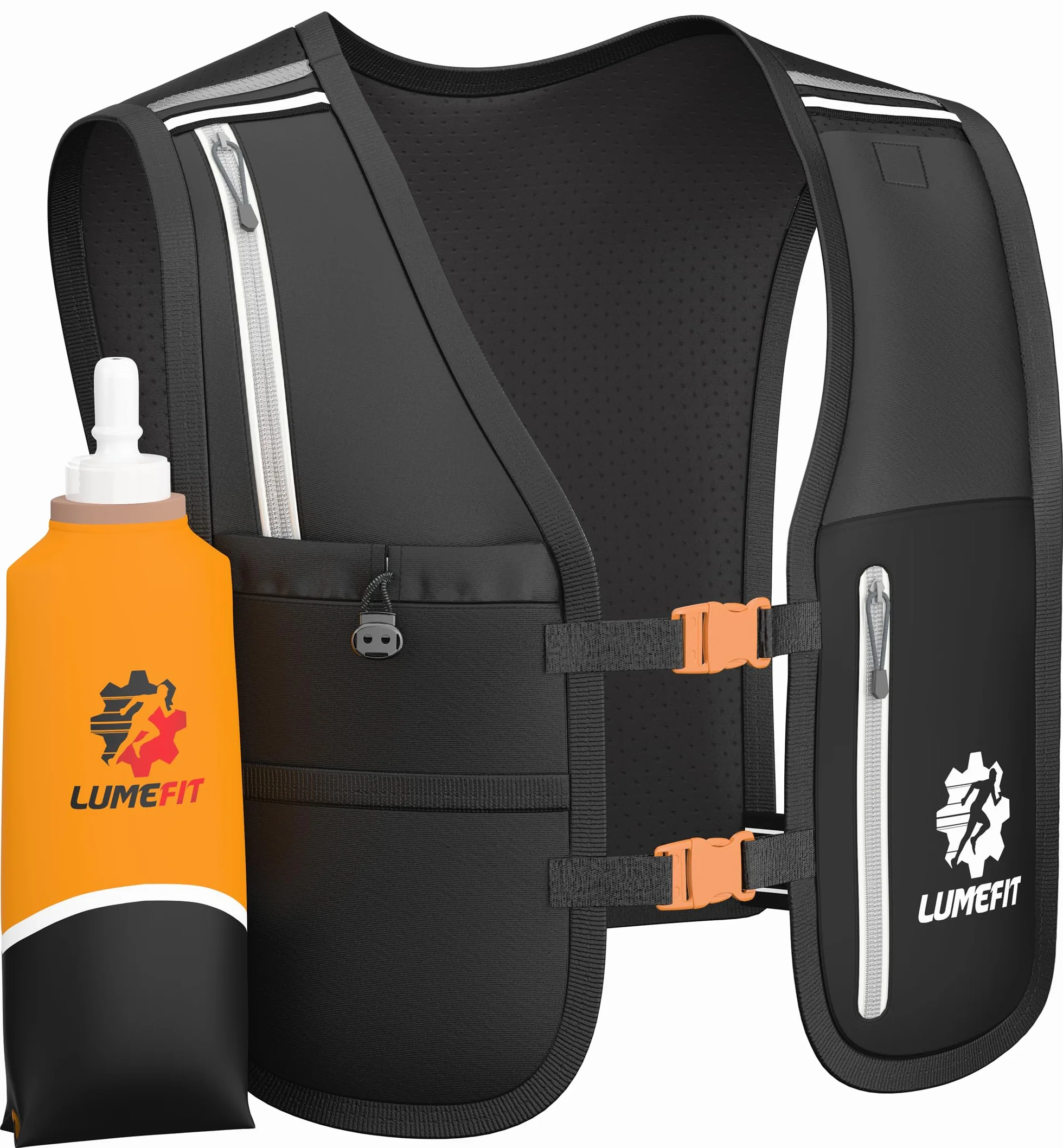 LUMEFIT Chaleco Running Mochila Hidratacion Trail Running con Soporte para Teléfono - 6 Bolsillos y Botella 500ml, Reflectante - Ideal para Senderismo, Maratón, Escalada - para Hombres y Mujeres