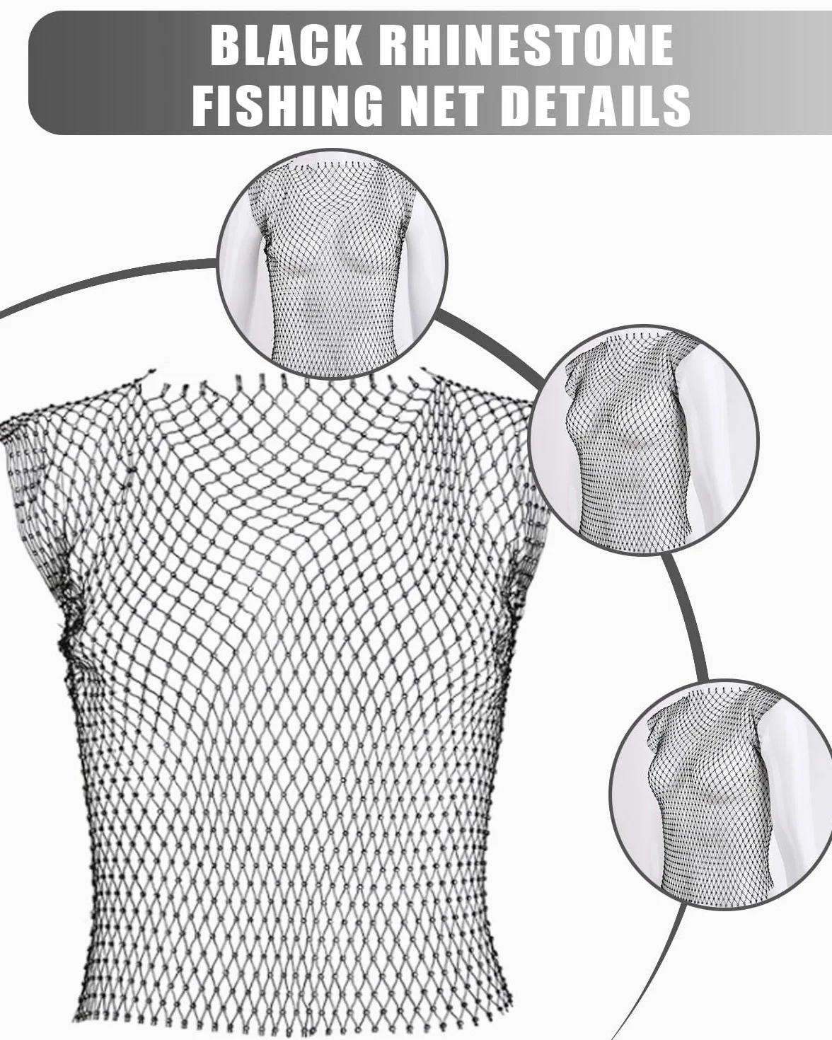 1 pieza de malla de diamantes de imitación Sheer Top, Sparkling Mesh Hollow Out Fishnet Vest Festive Fancy Dress Dance Party Rave Costume para mujeres y niñas