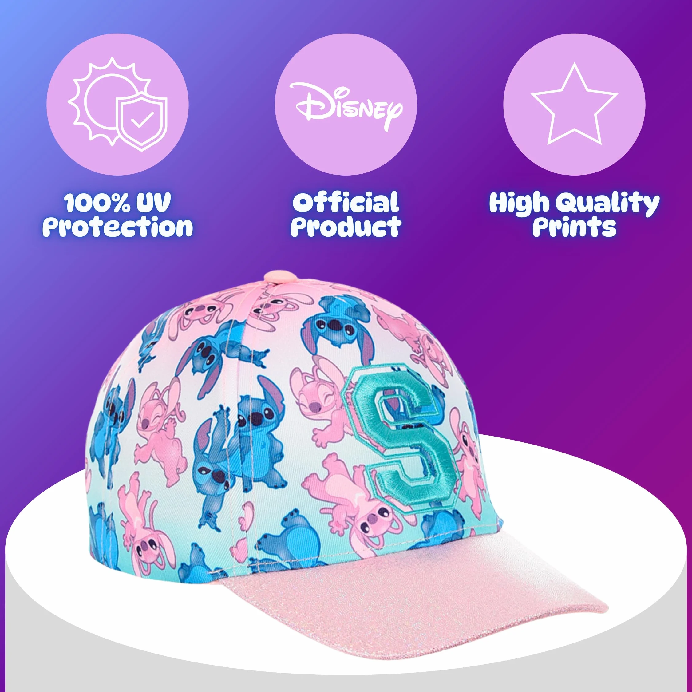 Disney Stitch y Angel Gorro para Niñas, Gorra de Beisbol Purpurina 3D, Gorra de Verano Infantil