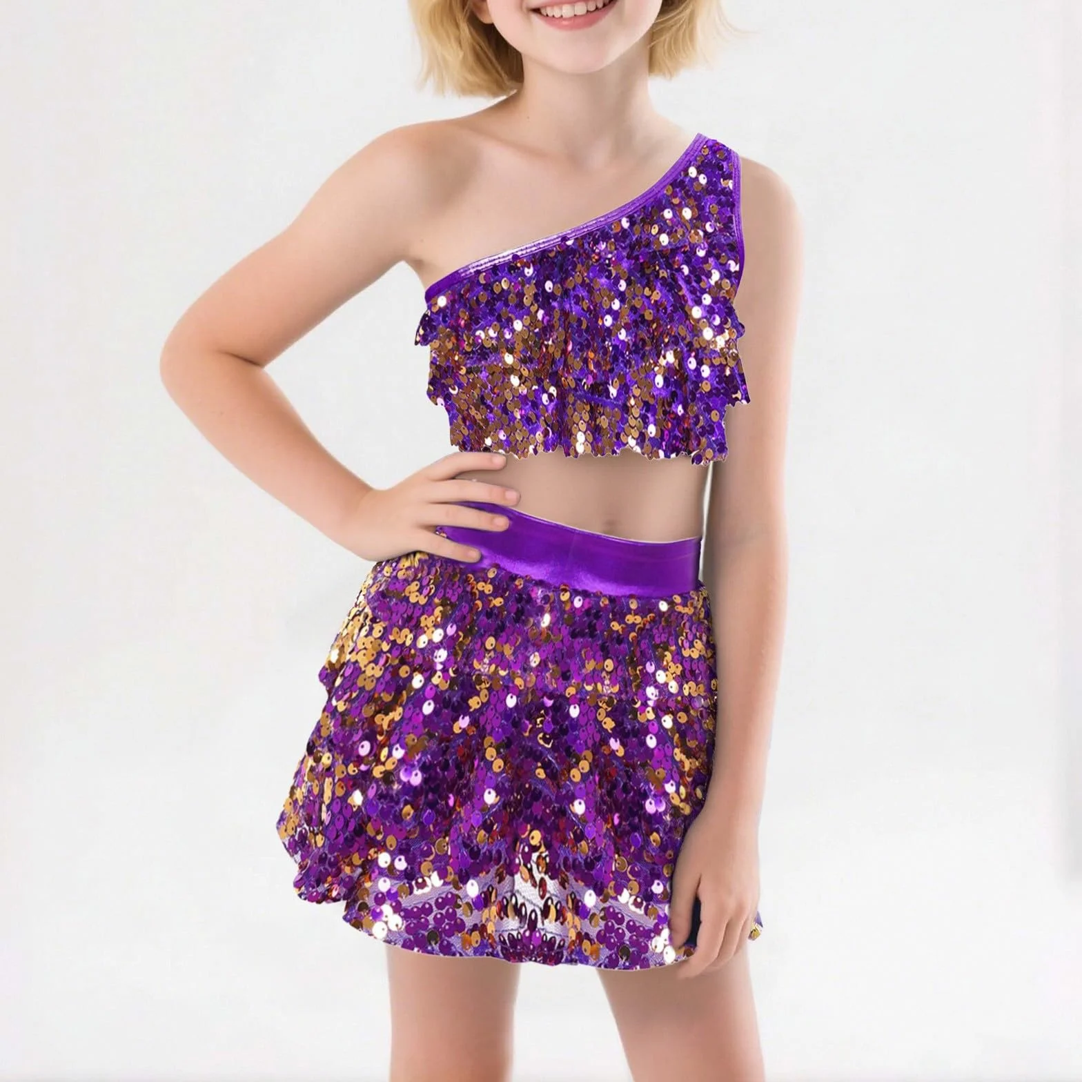Traje de baile para niña, dos piezas, con lentejuelas, elástico, ajuste cómodo, falda superior para fiestas de baile