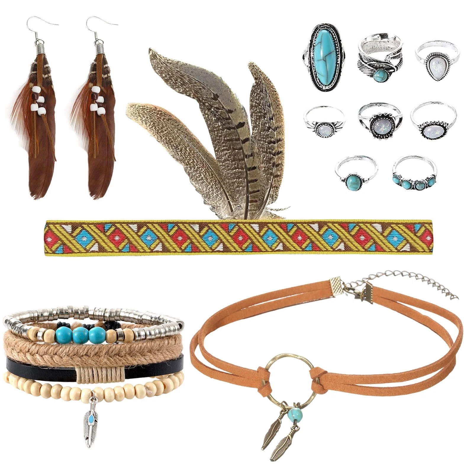 Booaee Disfraz de indio vintage boho para mujer, 12 unidades, accesorios indios, tocado indio, pluma, diadema, pendientes, collar de piel, pulsera turquesa, anillos para carnaval y más