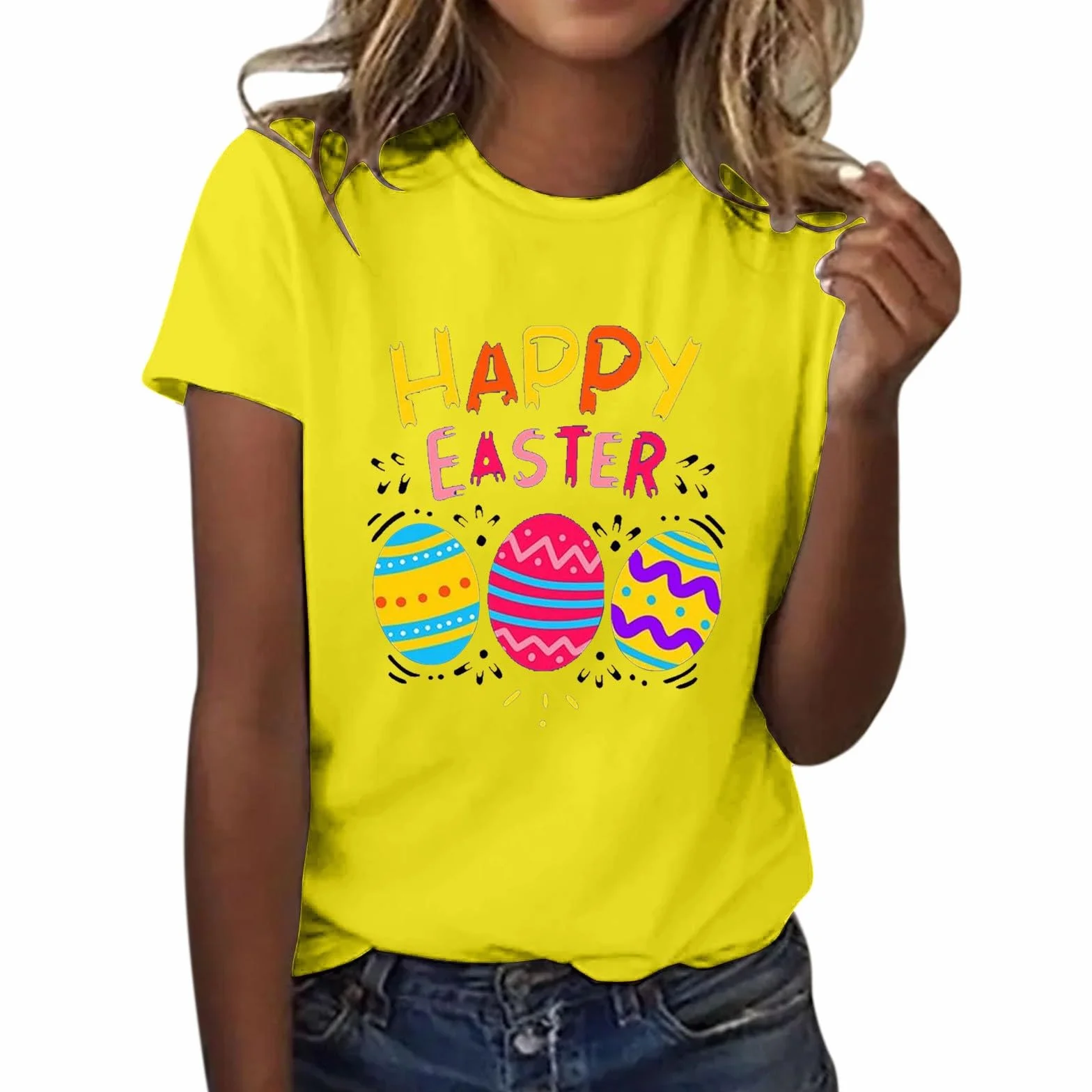 AMDOLE Disfraz de Pascua para adultos, con estampado de huevos de Pascua, cuello redondo, manga corta, camiseta de Pascua para mujer