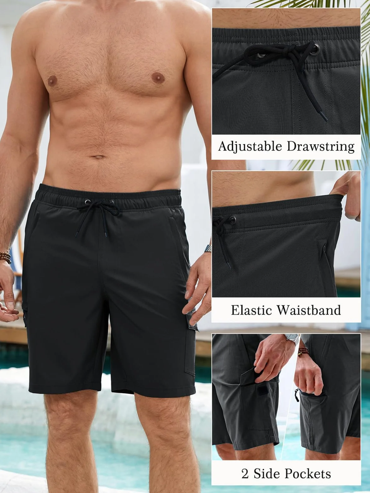 Bañador Hombre Bermuda Corto 2 en 1 Forro de Malla Natación Bañador Antirozaduras Hombre Secado Rápido Bolsillo con Cremallera Playa Impermeable Surf Traje de Bañadores Hombre con Cordón