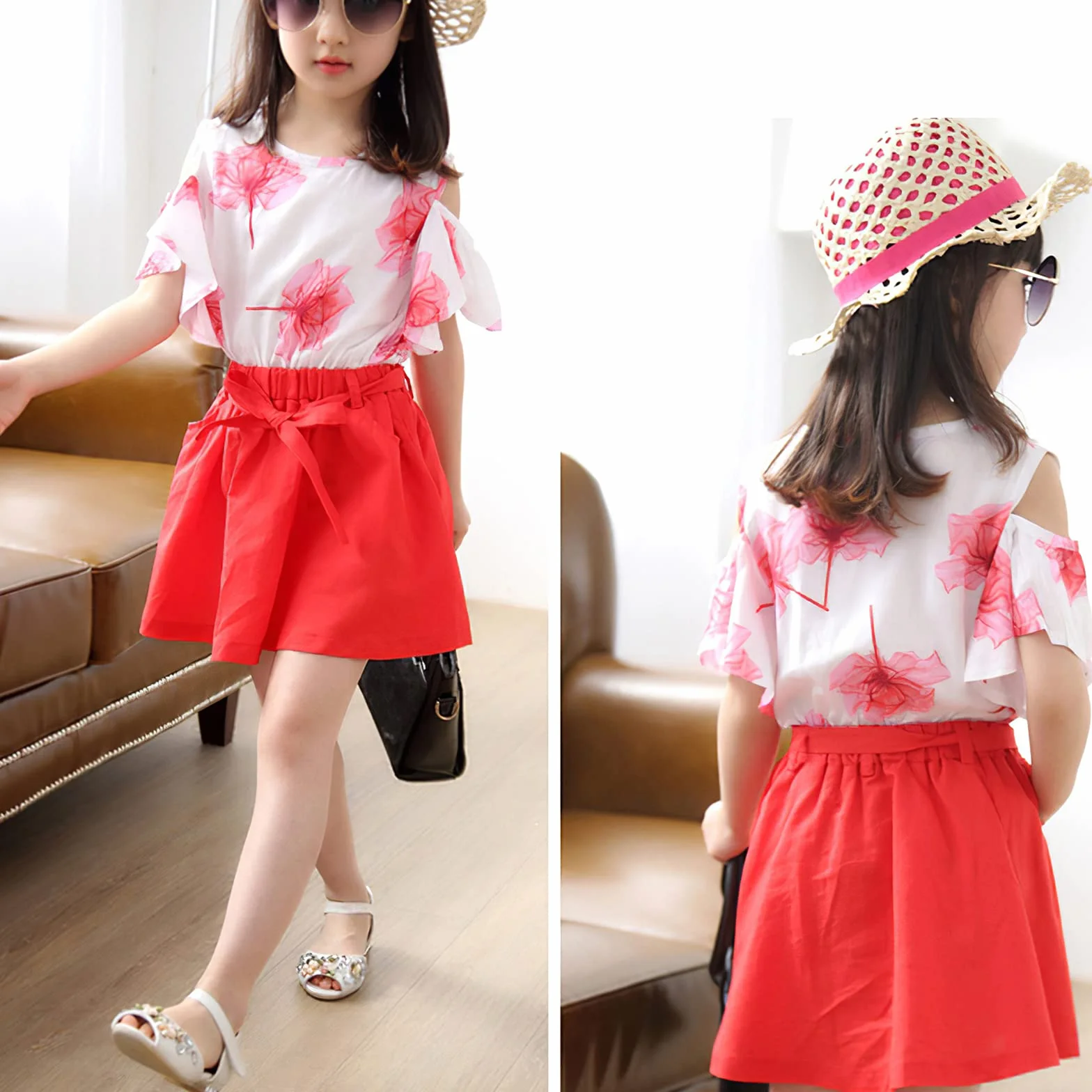 amropi Niña Floral Conjunto de Verano Camiseta de Manga Volantes y Falda 2 Piezas Ropa Set 3-12 años