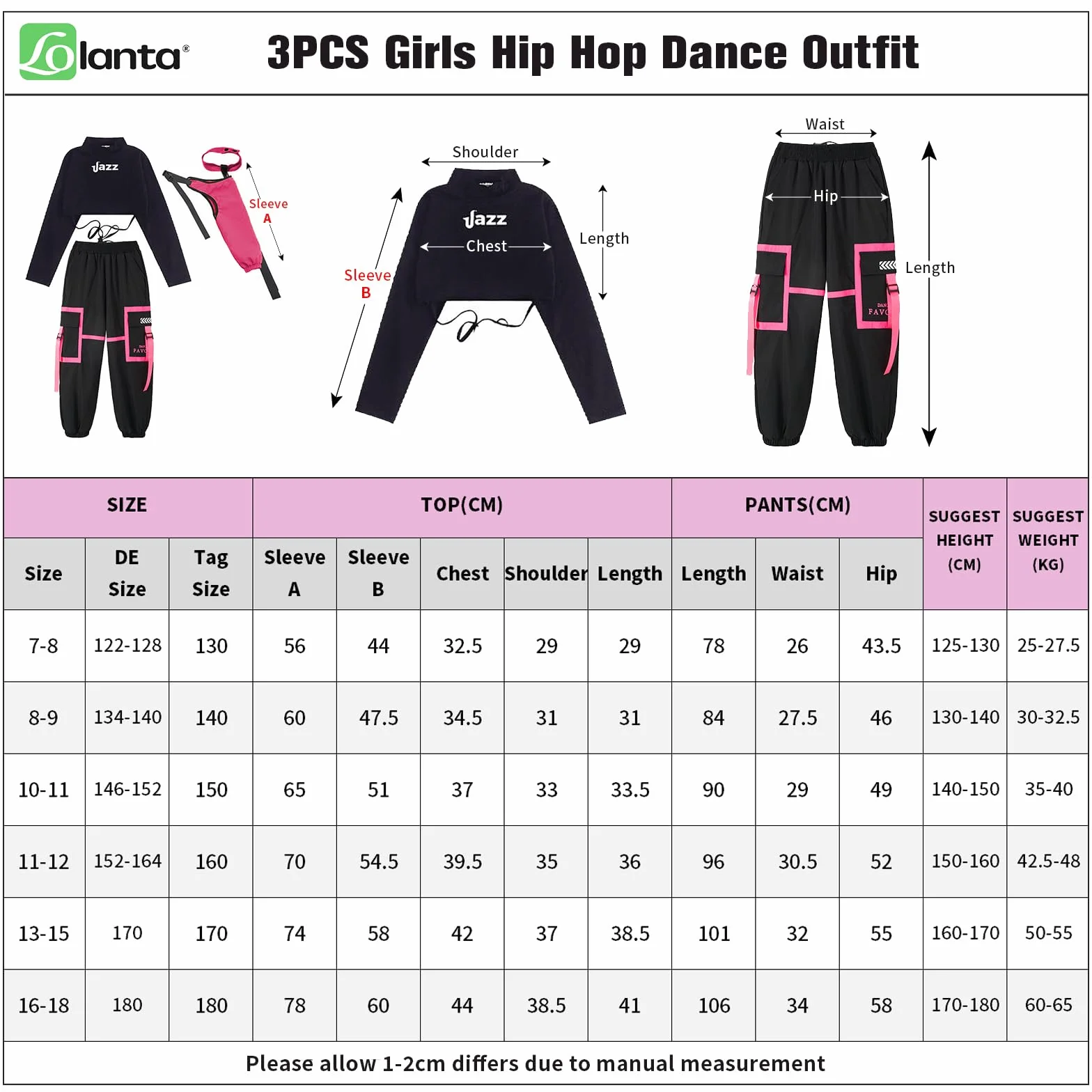 LOLANTA 3 Piezas Ropa Hip Hop Niña, Conjunto Top Corto y Pantalones Cargo
