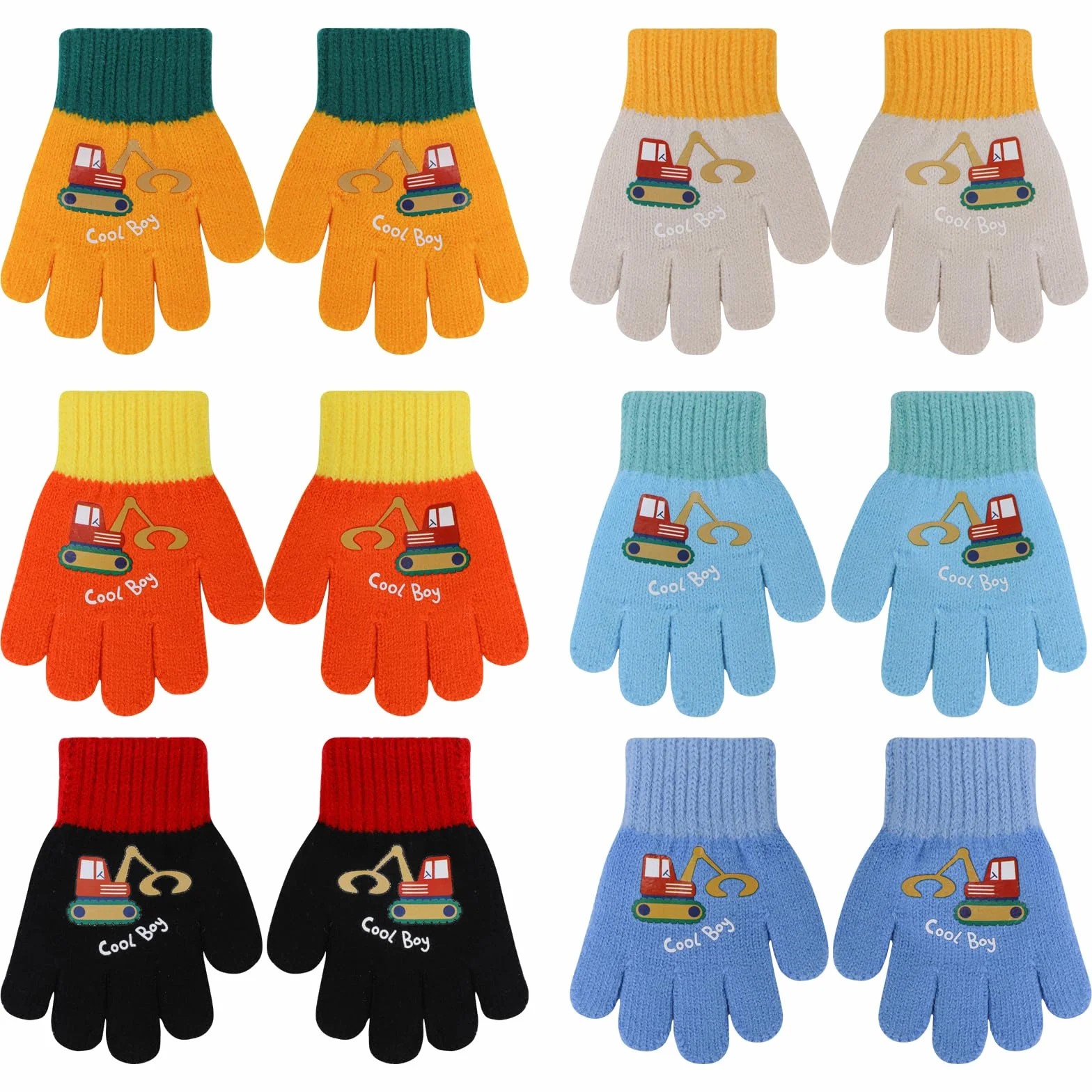 QKURT 6 Pares de Guantes de Punto para Niños Pequeños, Guantes de Invierno a Prueba de frío, Guantes Elásticos de Dedo Completo Unisex con Patrón de Excavadora para Niños de 2 a 4 Años