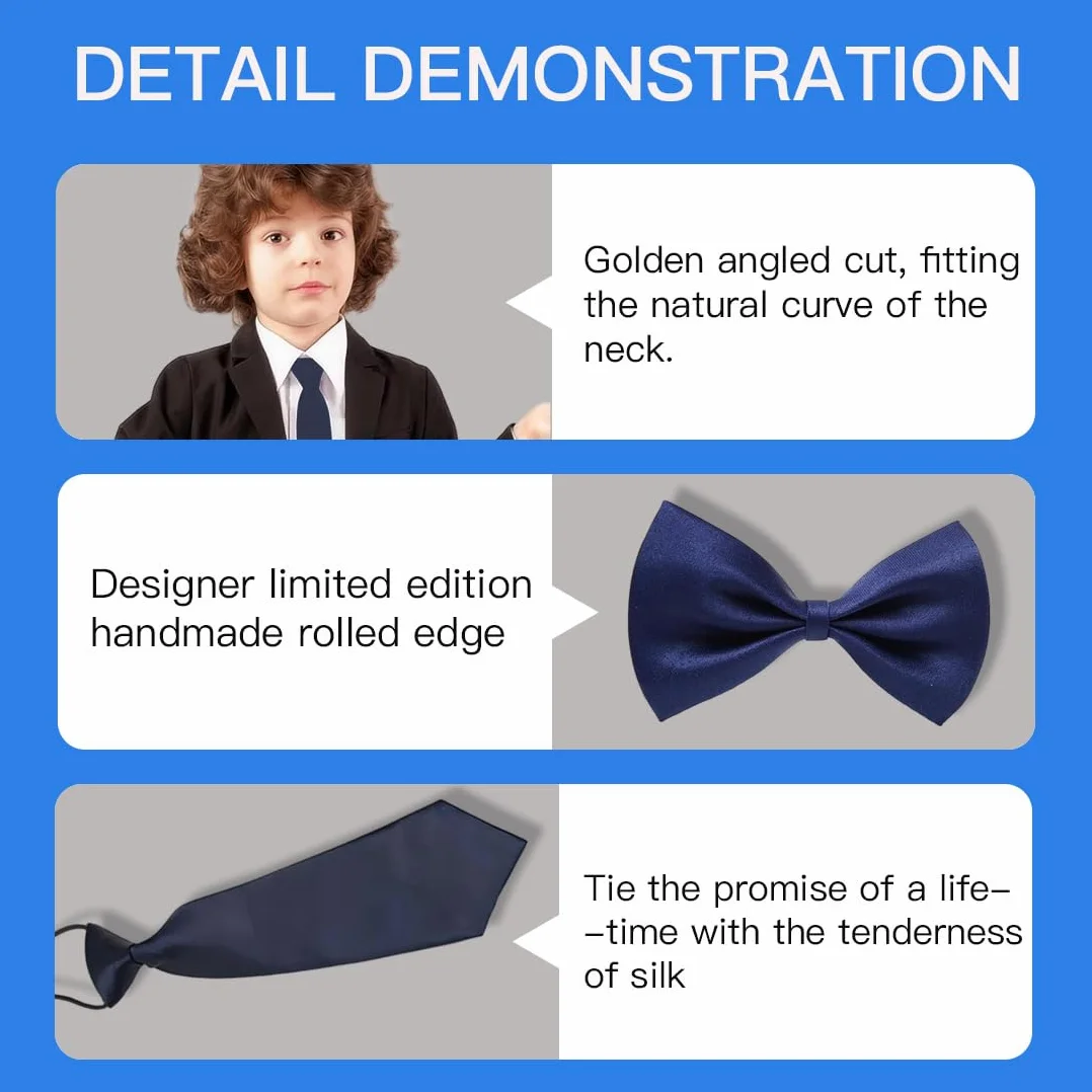 Pajarita Infantil, Corbata para Niños, Pajarita y Corbata Pre-Atada Ajustables de Seda para Graduaciones y Bodas,¡Ideal para cualquier ocasión especial,Azul Marino