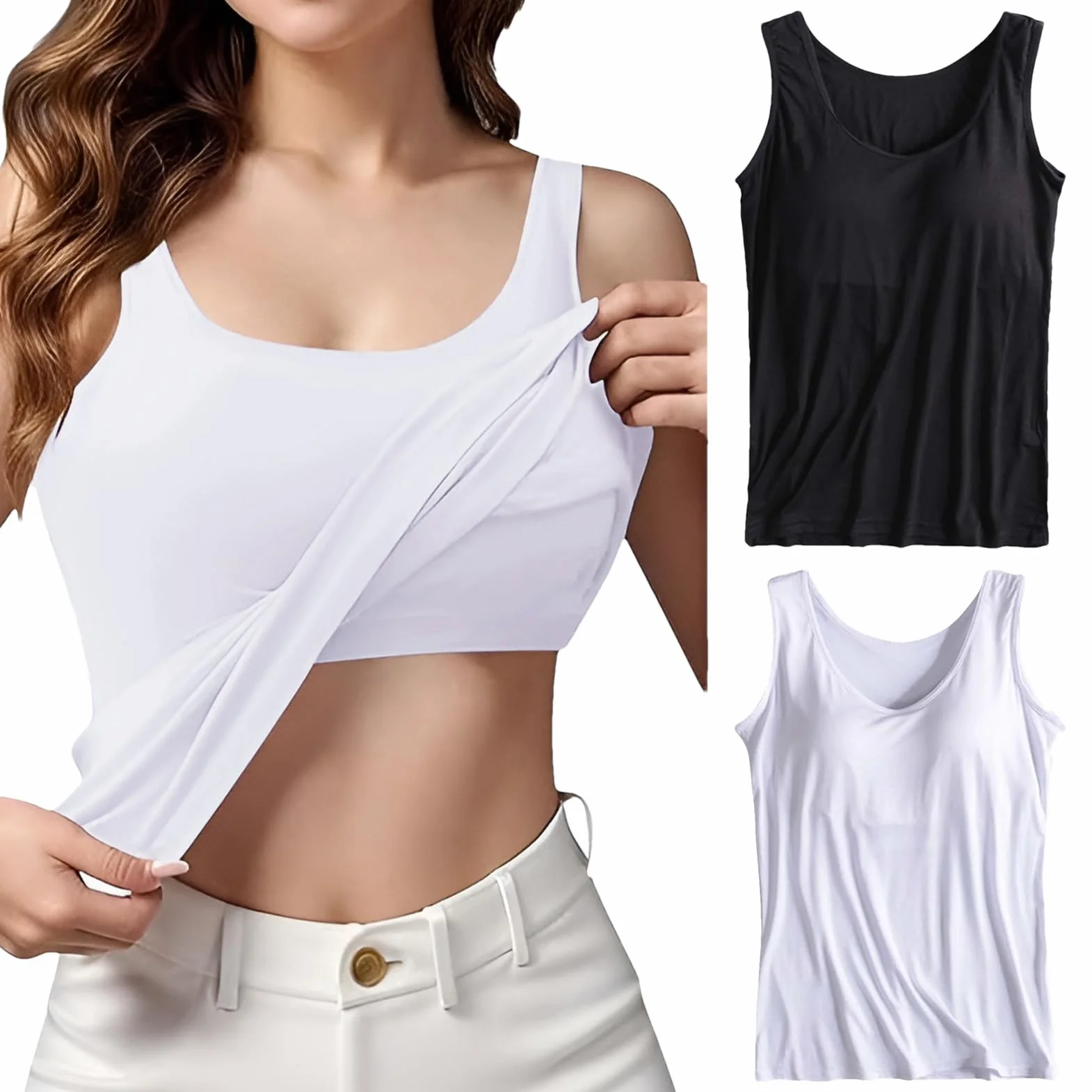 Mujer 2 Piezas Camisetas Tirantes con Sujetador Integrado Camisetas Interiores de Tirantes Anchos Elásticas