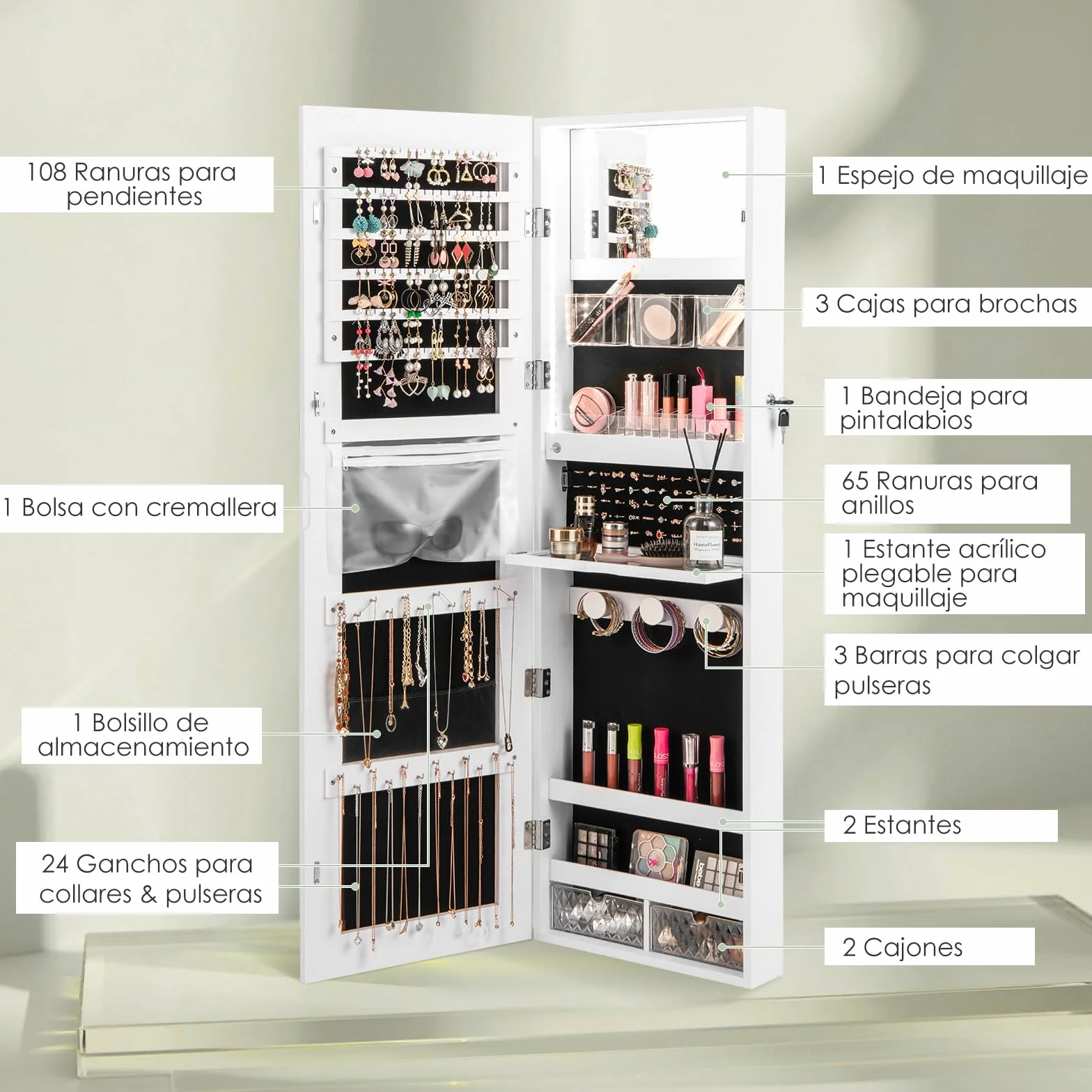 COSTWAY Armario Joyero con Espejo de Puerta para Joyas con Cerradura y Luces de 3 Colores - Espejo Interior con Estante Plegable y Cajas de Almacenamiento de Plástico (Blanco)