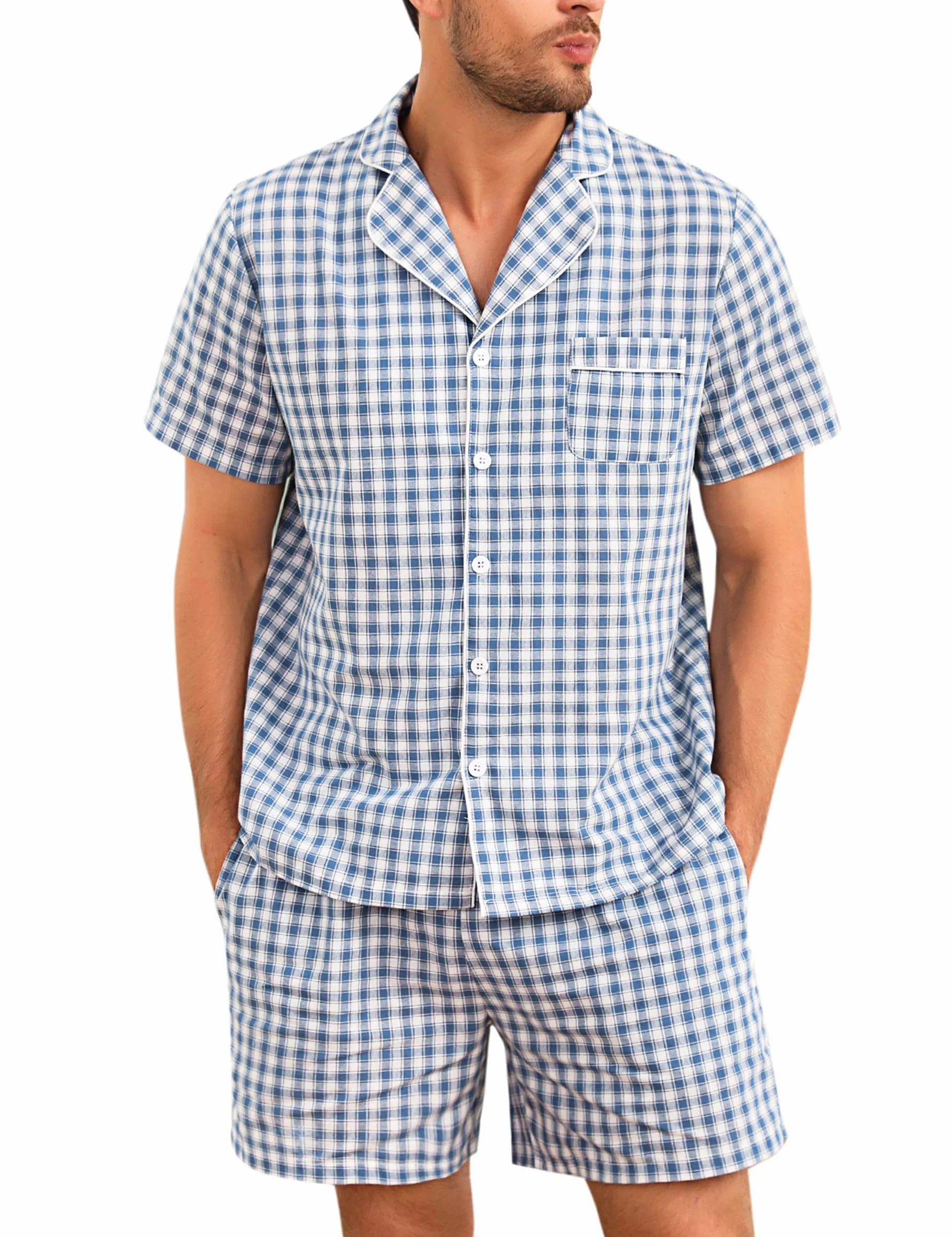 Pijamas Hombre Corto Verano Pantalones Cortos Ropa de Dormir Conjunto de Algodón Pijama para Hombre