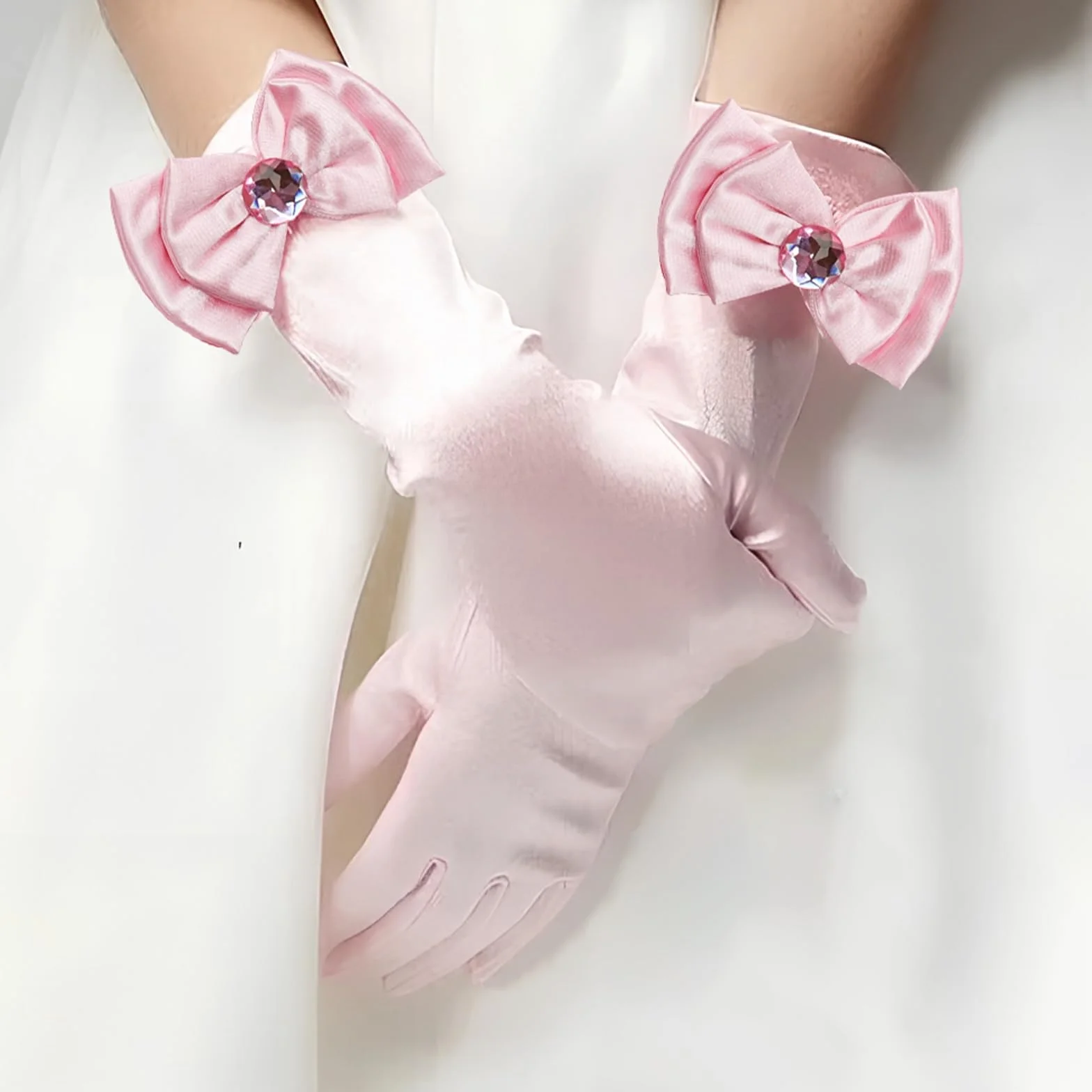 Guantes de Raso para NiñOs, Guantes Largos con Lazo y Diamantes para Boda, Guantes de Vestir, NiñA de Las Flores, CumpleañOs, CelebracióN de Fiestas, Guantes para Fiestas de Disfraces