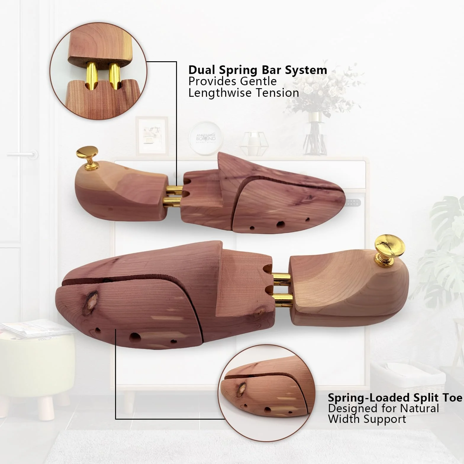 Juego de tensor de zapatos de madera de cedro + calzador – moldeador de zapatos ajustable de madera de cedro, 1 calzador de zapatos de material de alta calidad para el cuidado y secado de