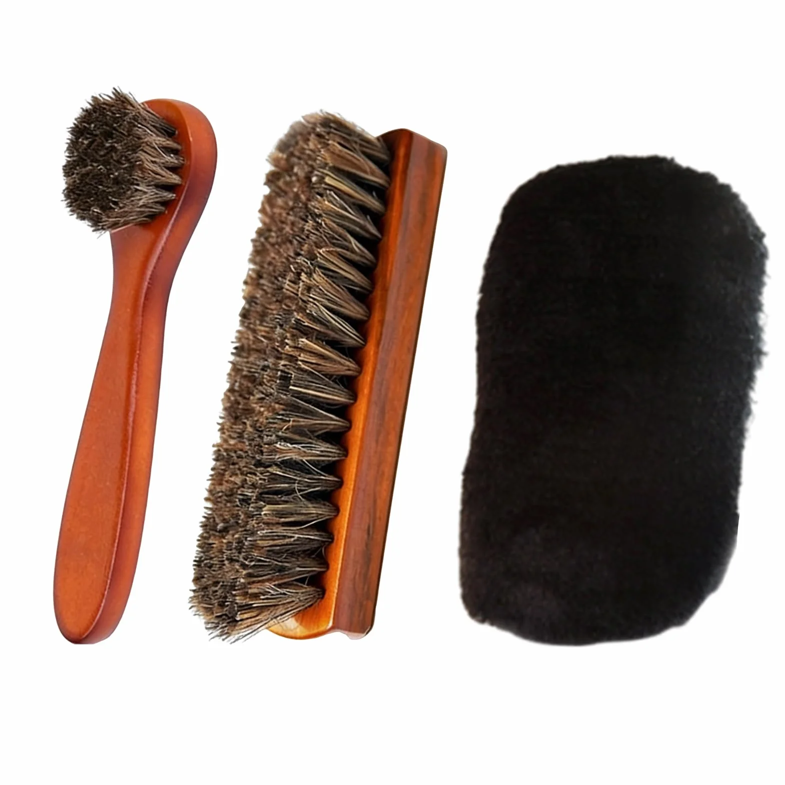 Kit Cuidado del Cuero 3 Piezas - Cepillos de Crin de Caballo Natural y Guante de Pulido - Set de Limpieza y Brillo para Zapatos, Botas, Bolsos y Asientos de Coche