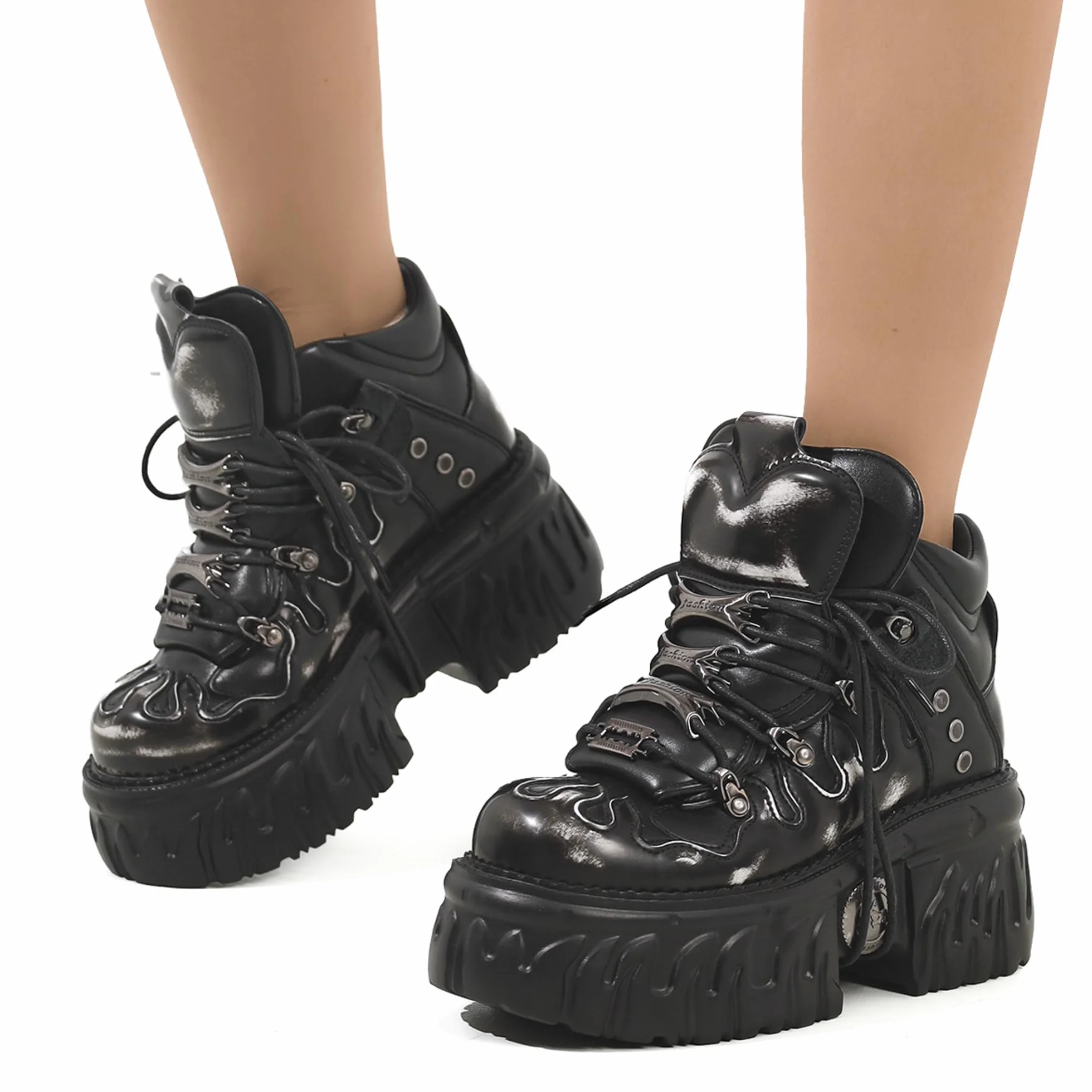 Botas Góticas con Plataforma para Mujer, Botines Punk Rock con Cordones, Diseño de Llamas con Decoración de Metal Suela Chunky