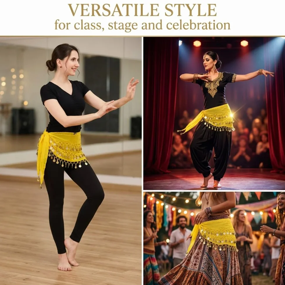 1 Pieza Cinturón Danza del Vientre Amarillo 72 Monedas de Oro Pañuelo de Cadera Gasa Traje de Danza Oriental Falda