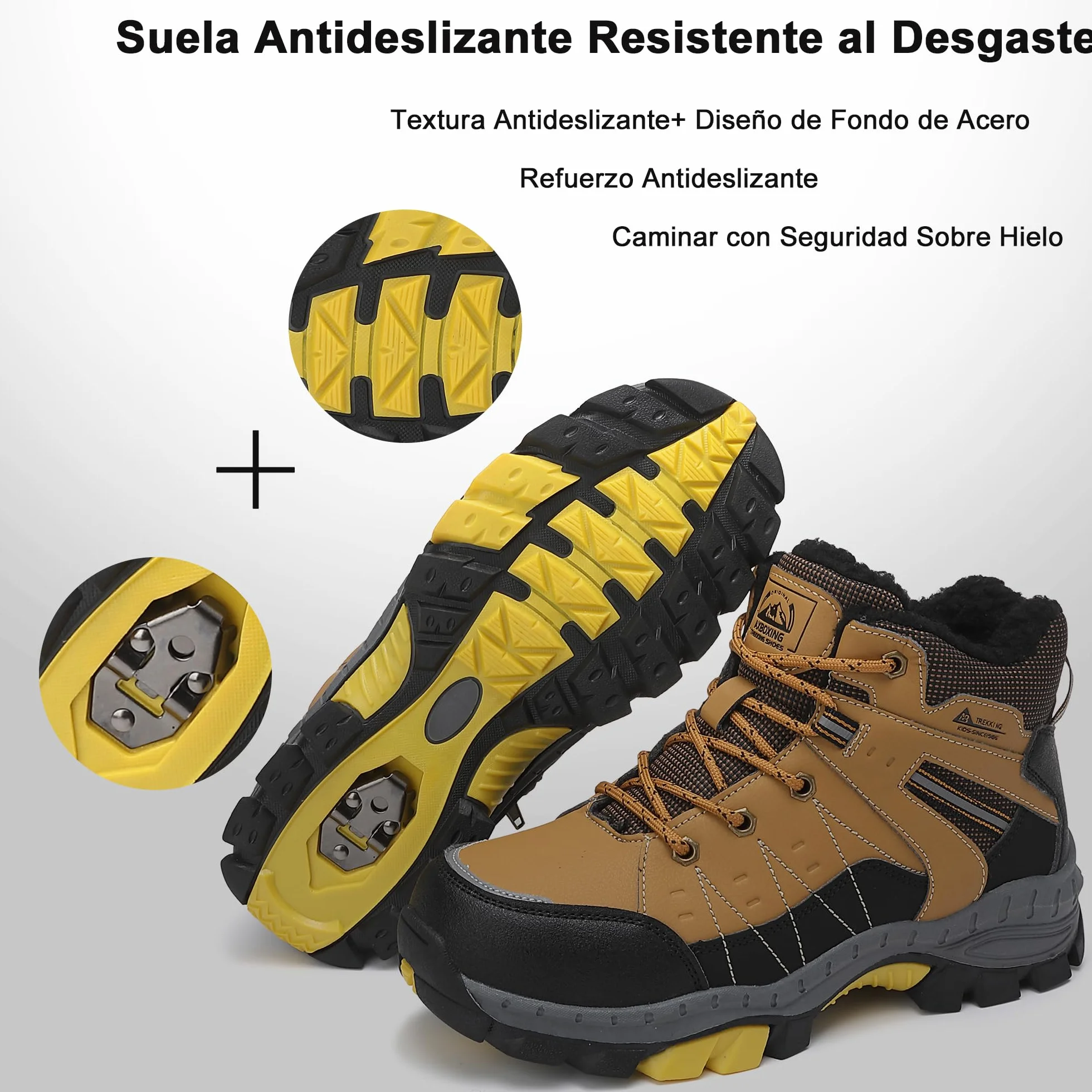ASTERO Botas de Invierno para Niño 31-38 con Hebilla de Acero, Algodón, Zapatillas Trekking Senderismo, Botas de Nieve y Montaña Marrón 36