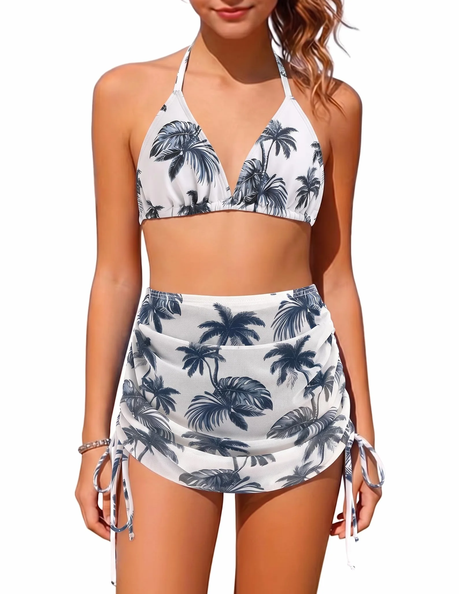 Arshiner Niñas Conjunto de Bikini 3 Piezas Niños Cuello Halter Tankini de Tres Piezas con Falda Verano Impresión Traje de Baño Bikinis para Niñas 7-15 Años