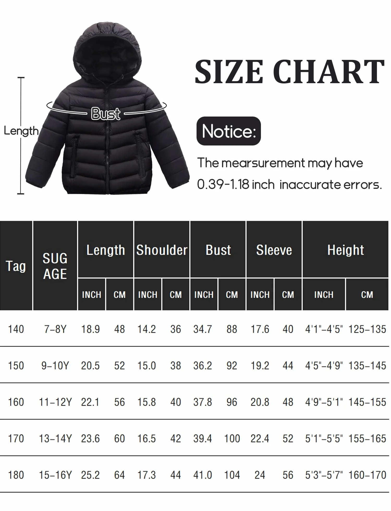 SEAUR Niño Chaqueta Ligera de Invierno Cómodo Chaqueta Acolchada con Capucha Niño Abrigo con Cremallera Cálido Negro 11-12 años