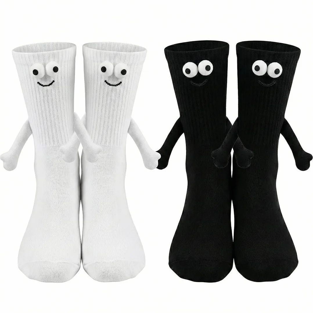 2 Pares de calcetines magnéticos divertidos, Mediano Tubo Calcetines, calcetines 3d mano en la mano para mujeres hombres, divertido con las manos, calcetines para pareja - Blanco y negro