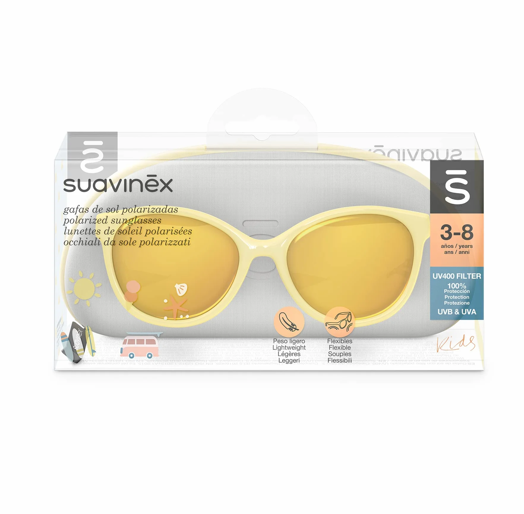 Suavinex, Gafas de Sol para Niños de 3 a 8 Años, Polarizadas, con Filtro UV 400, 100% Protección Rayos UVA y UVB, Funda y Cinta de Sujeción Incluidas, Flexibles y Ligeras