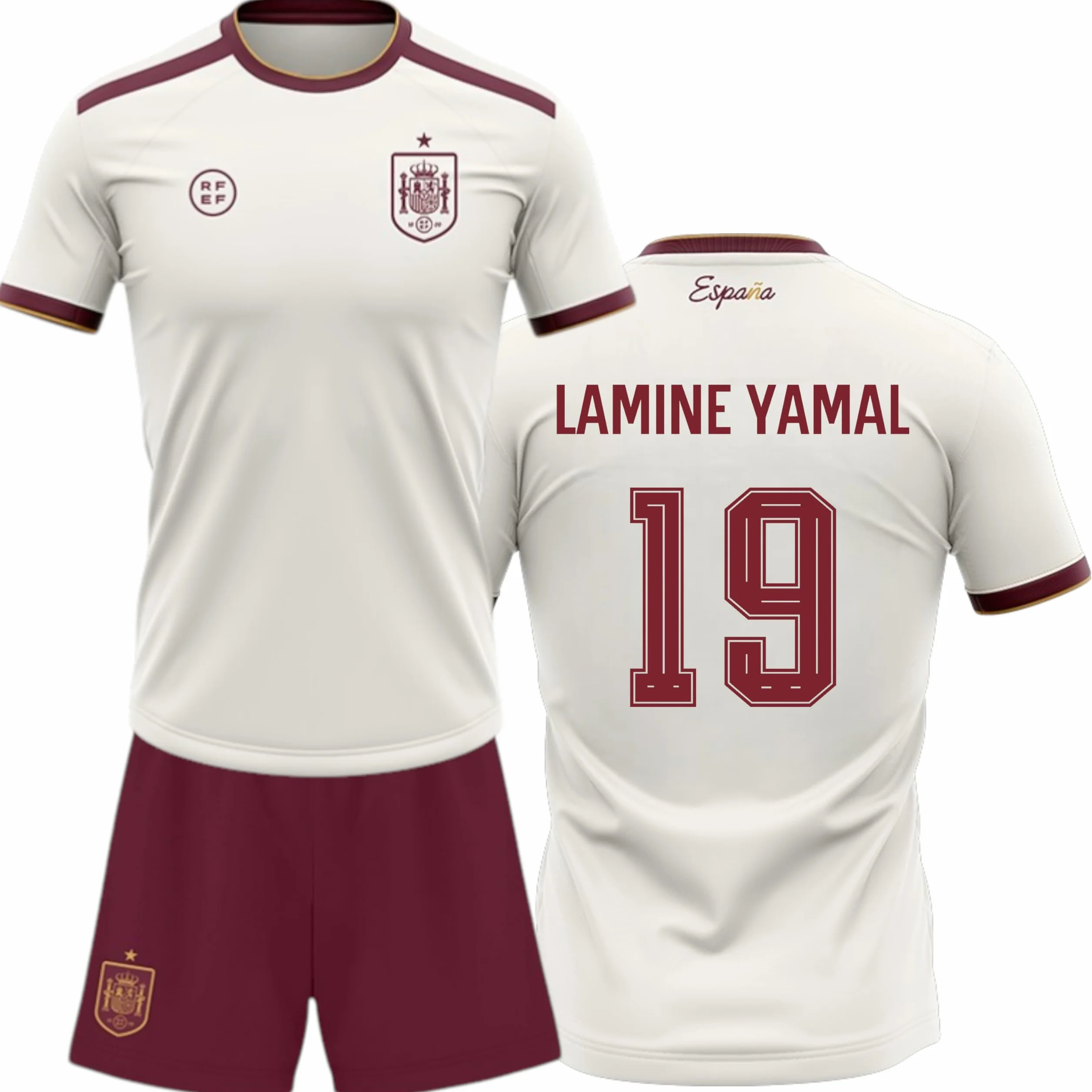 Kit España Mundial 2026-2028 | Réplica Camiseta y pantalón | Lamine Yamal 19 | Color Blanco y Granate | Conjunto fútbol para Adulto y niño