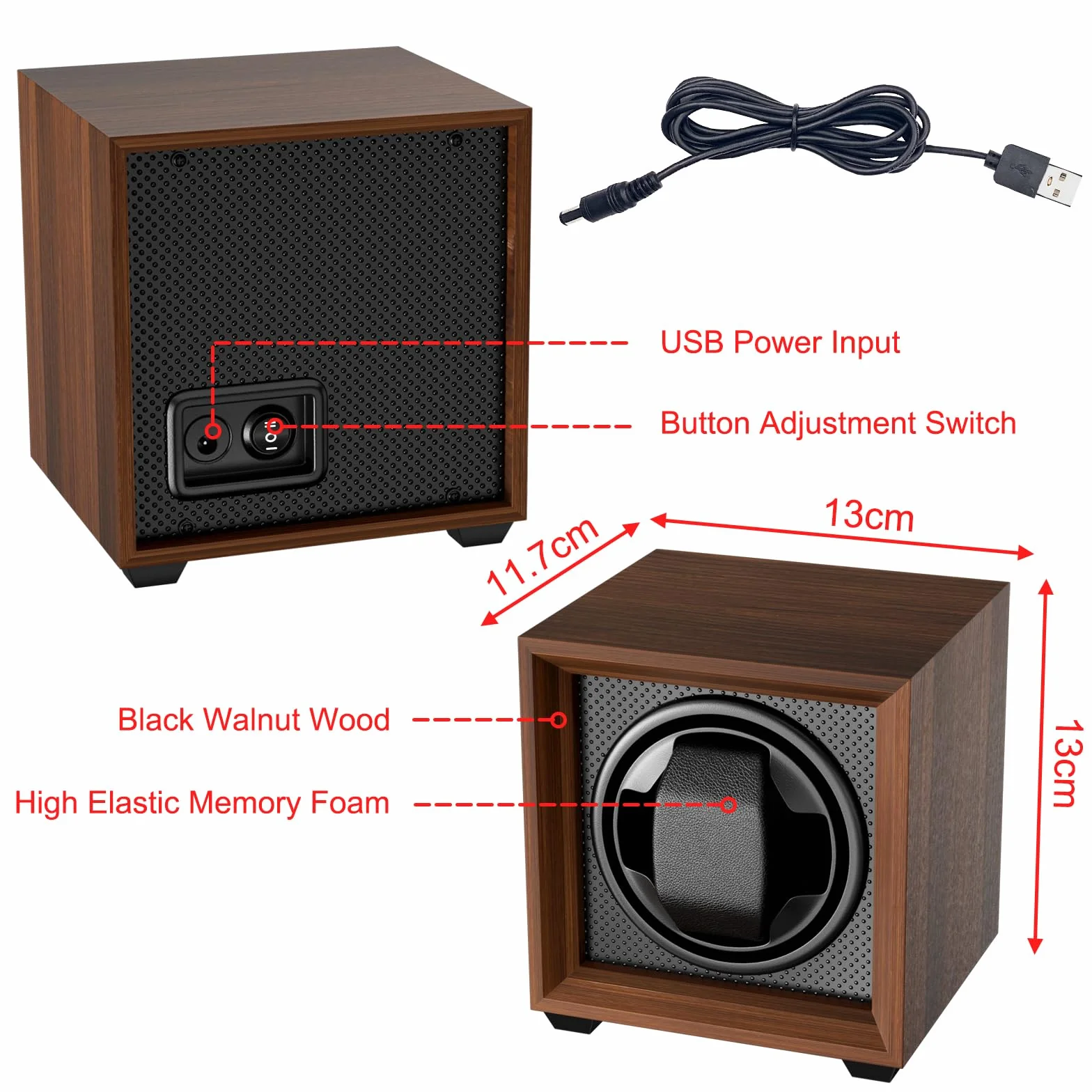 Fousenuk caja relojes automaticos con motor silencioso, 2 ajuste modos, cuadrada y color nuez enrollador para reloj, con puerto de carga USB y espuma viscoelástica, para dar cuerda a relojes mecánicos