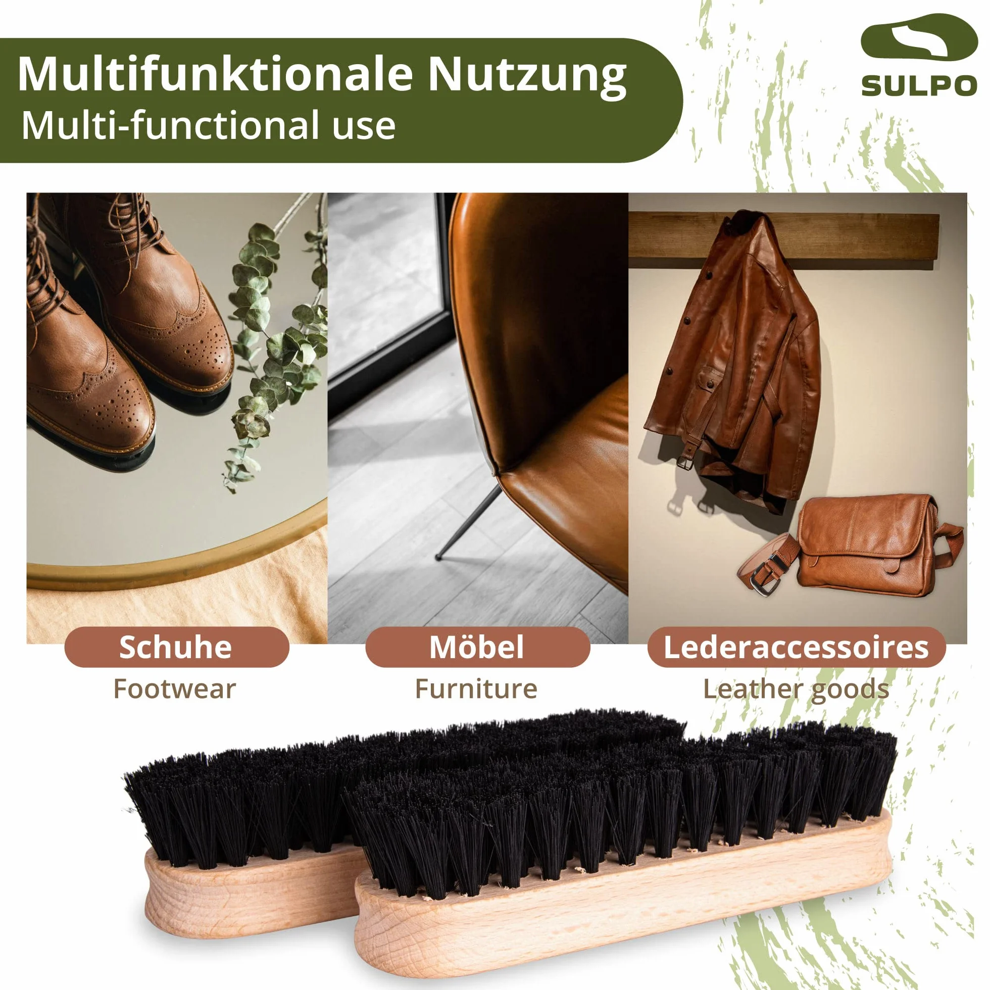 SULPO Cepillo para Limpieza - Juego de Cepillos de cerdas Suaves - Cepillo pulidor - Juego de cepillos para Zapatos Abrigos Sofá Zapatillas de casa 2 Piezas - Color Negro