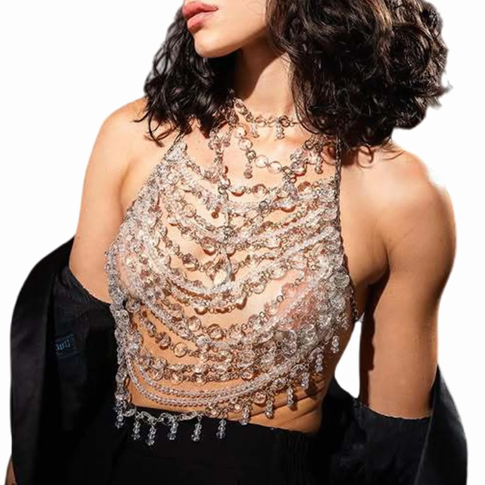 Top Corto De Joyería Para Cuerpo Adornado Con Cristales De Lujo Para Mujer Para Discotecas Y Eventos Collar De Cadena Para Cuerpo De Múltiples Cadena De Sujetador De Playa Para Fiesta De