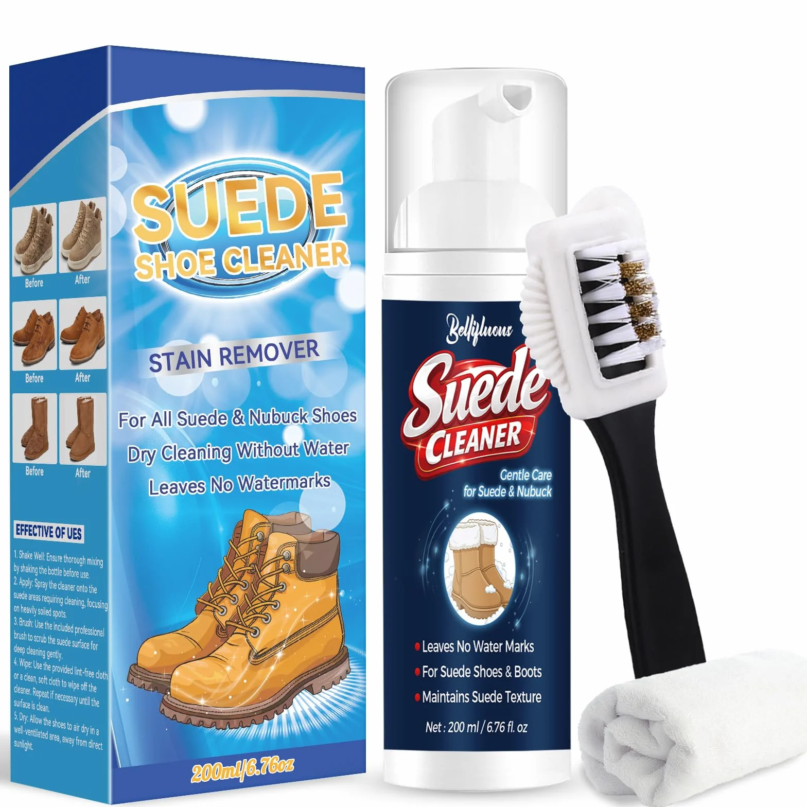 Limpiador Zapatillas, Limpiador Zapatos Ante, 200ml Suedes Cleaner para Zapatillas Nobuk Botas, Limpiador Zapatillas Blancas Con Cepillo y Toalla, Elimina Suciedad Manchas y Marcas de Agua