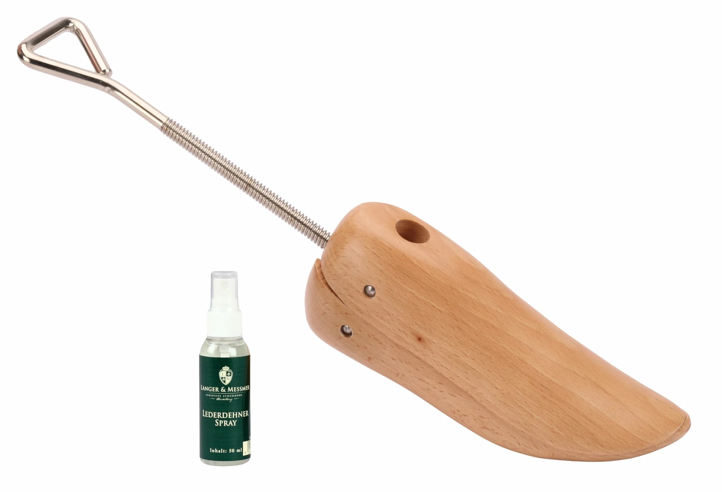 Langer & Messmer alargador de zapatos y botas para la puntera para mujeres contra la presión de los zapatos - de madera maciza de haya incl. spray alargador de cuero 50ml