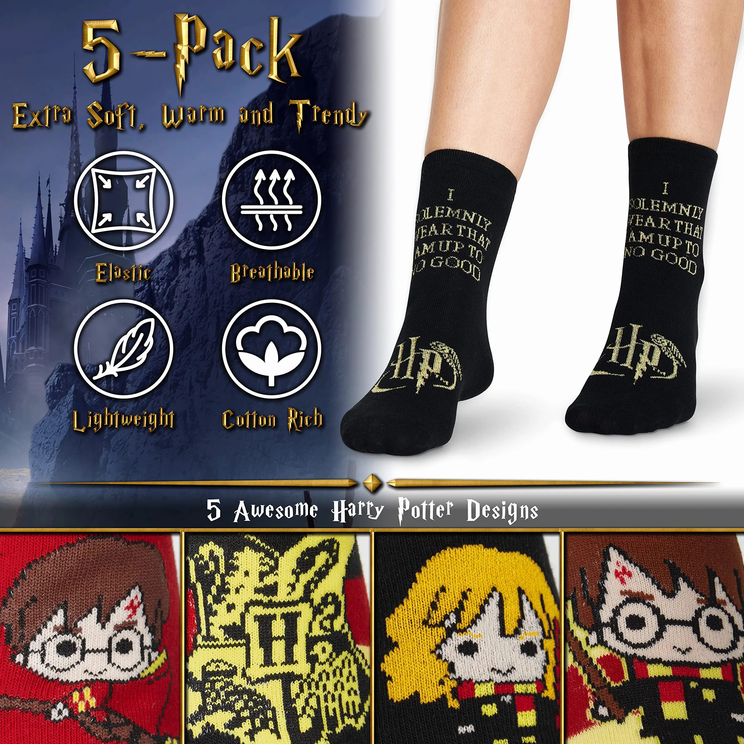 Harry Potter Calcetines Mujer y Adolescente 35-41, Pack 5 Pares de Calcetines Divertidos Transpirables, Hogwarts Ideas de Regalos