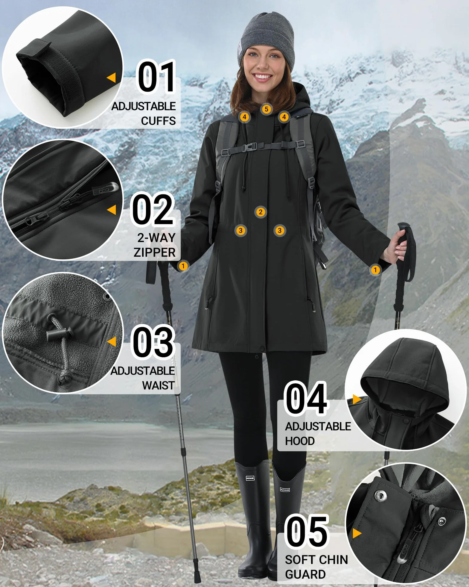 Outdoor Ventures Chaqueta de lluvia para mujer, chaqueta larga softshell con capucha para mujer, chaqueta de entretiempo, chaqueta funcional forrada impermeable, cortavientos