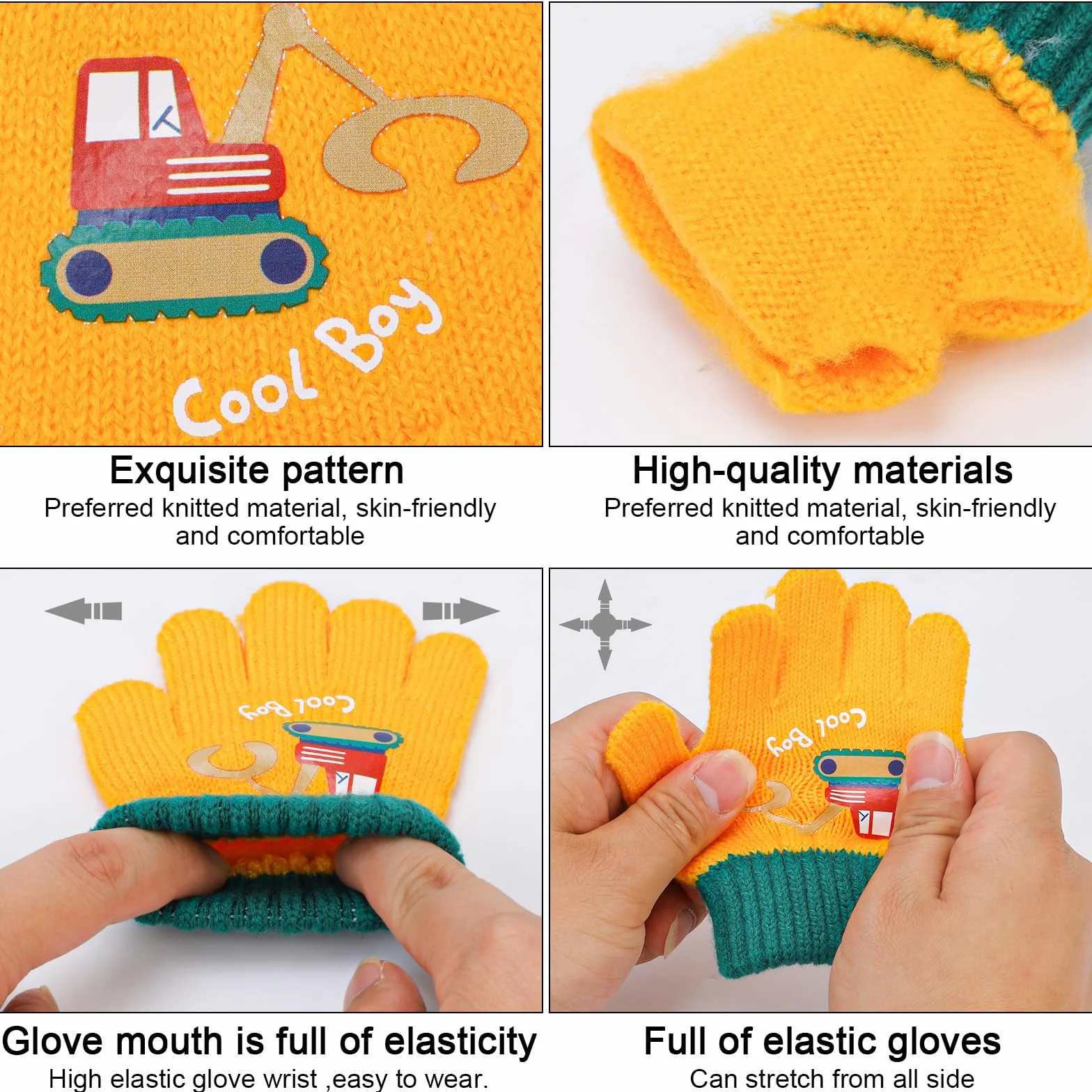 QKURT 6 Pares de Guantes de Punto para Niños Pequeños, Guantes de Invierno a Prueba de frío, Guantes Elásticos de Dedo Completo Unisex con Patrón de Excavadora para Niños de 2 a 4 Años