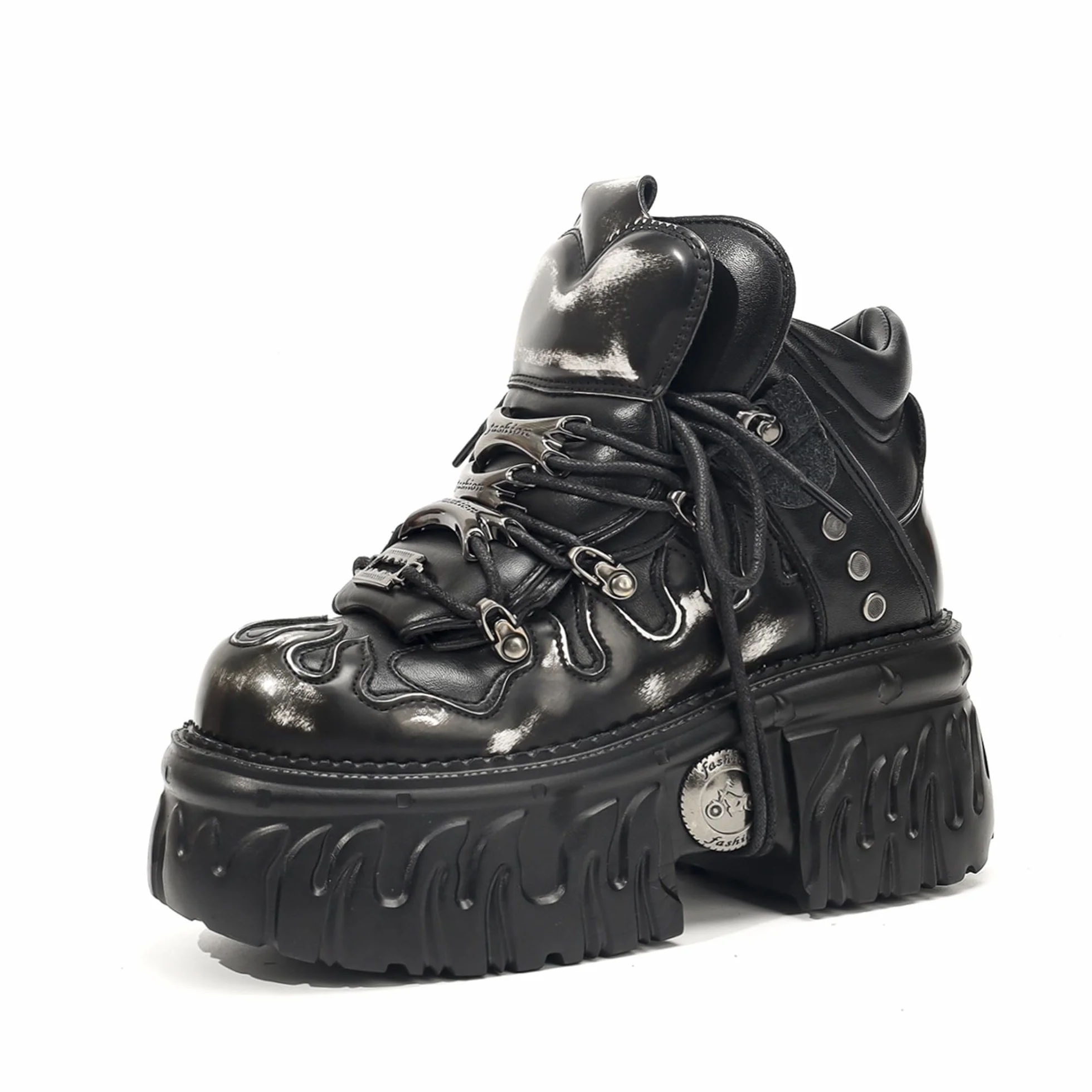 Botas Góticas con Plataforma para Mujer, Botines Punk Rock con Cordones, Diseño de Llamas con Decoración de Metal Suela Chunky