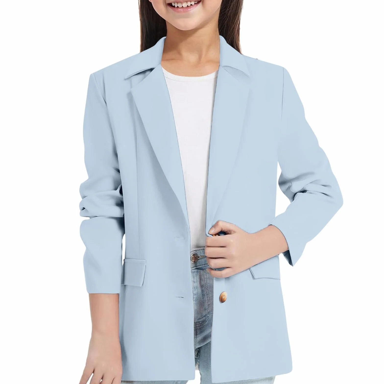 Blazer - Chaqueta de traje para niña, color liso, chaqueta de ocio, manga larga, con doble bolsillo lateral, cuello de solapa, chaqueta de traje, moda con frente abierto, traje formal para niños de 3