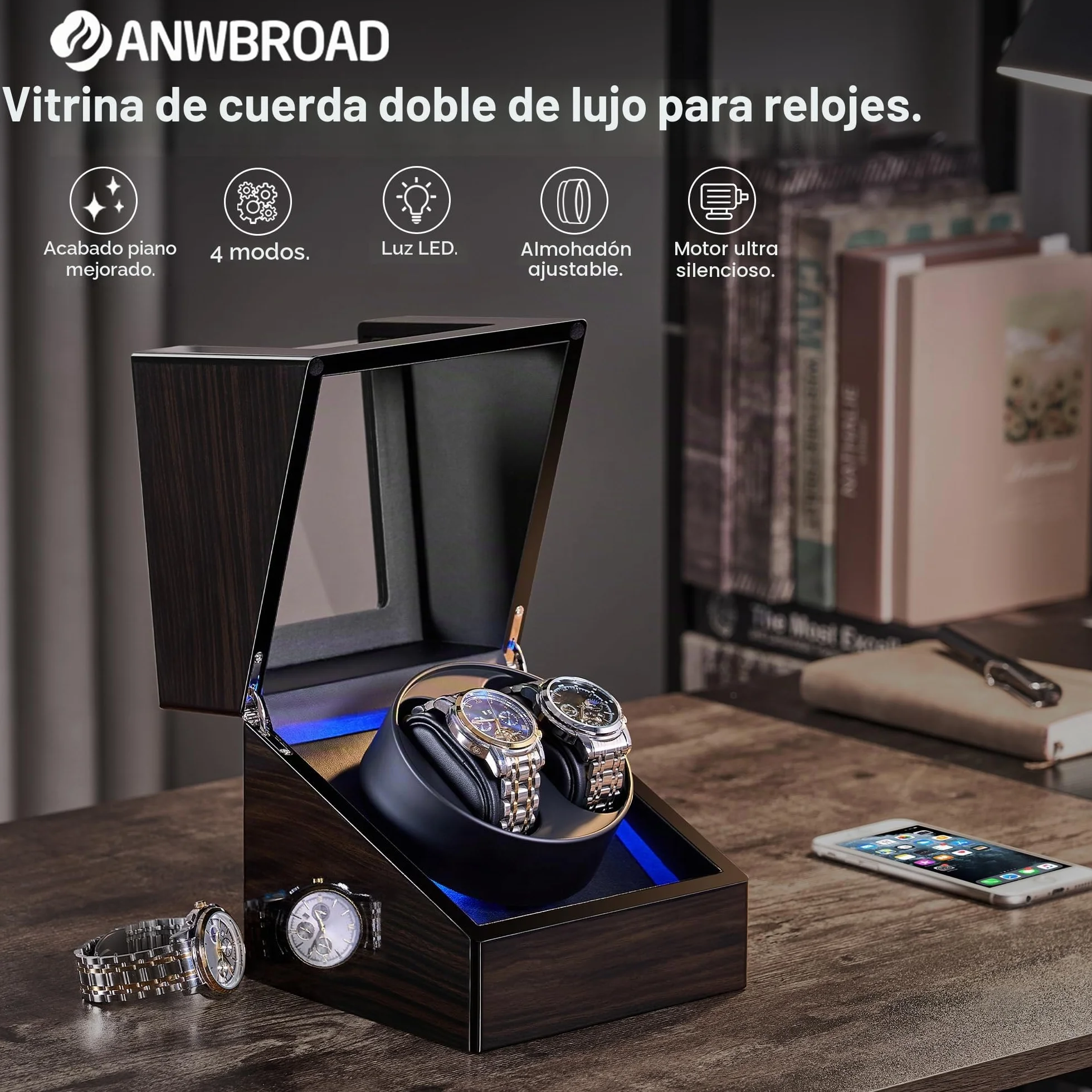 ANWBROAD Cajas Giratorias Para Relojes Automáticos, Nueva Caja Giratoria Para Relojes Automáticos con Acabado Lacado Piano, Caja Giratoria con 4 Modos de Rotación, Motor Silencioso, JWW001E