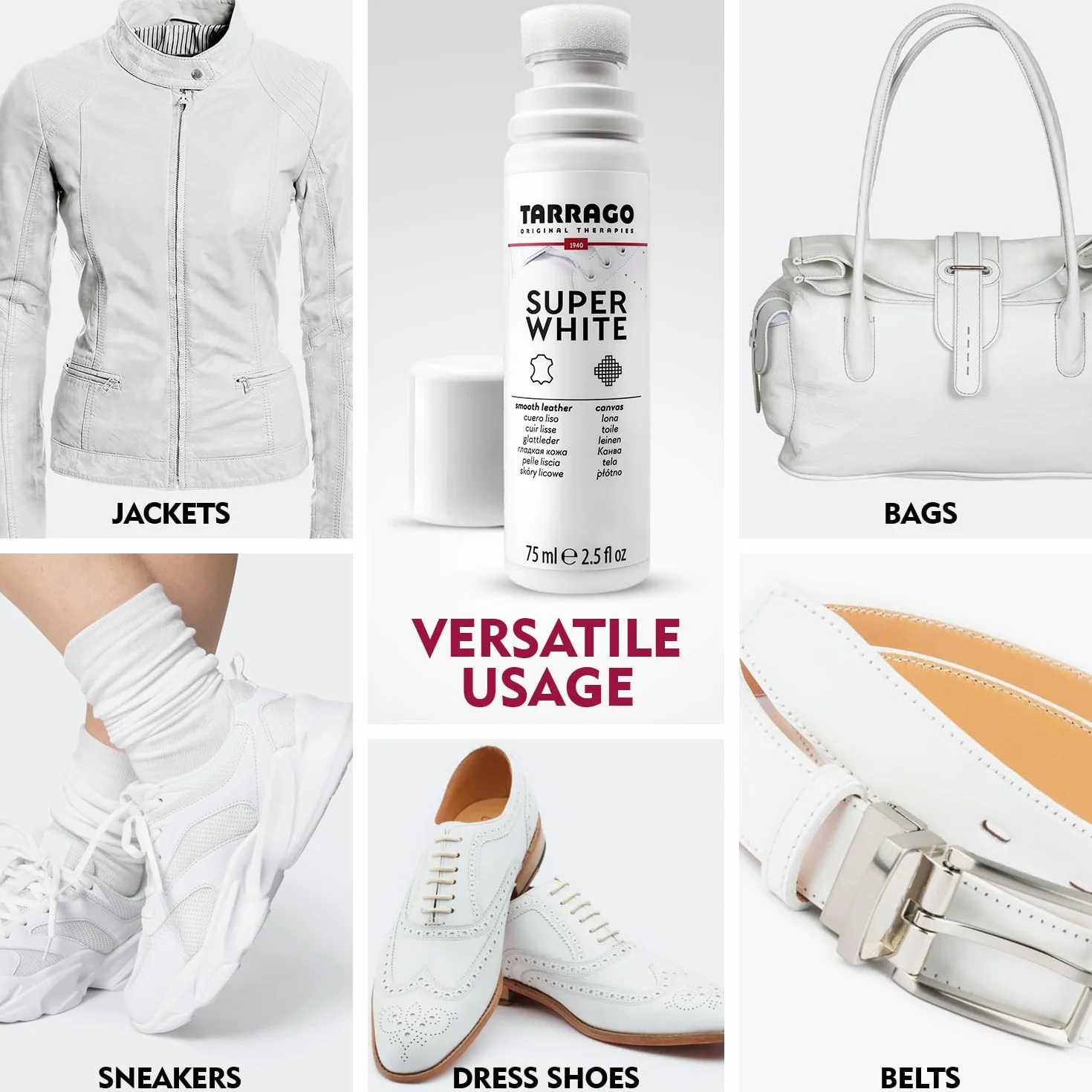 Tarrago Super White 75 ml | Blanqueador para Calzado | Apto para cualquier Superficie: Cuero, Piel Lisa, Piel Sintética y Lona | Para Zapatos y Zapatillas