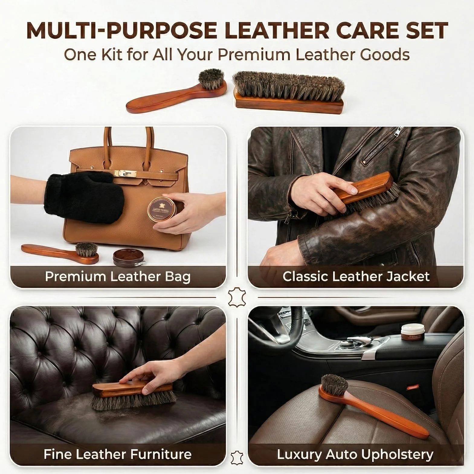 Kit Cuidado del Cuero 3 Piezas - Cepillos de Crin de Caballo Natural y Guante de Pulido - Set de Limpieza y Brillo para Zapatos, Botas, Bolsos y Asientos de Coche