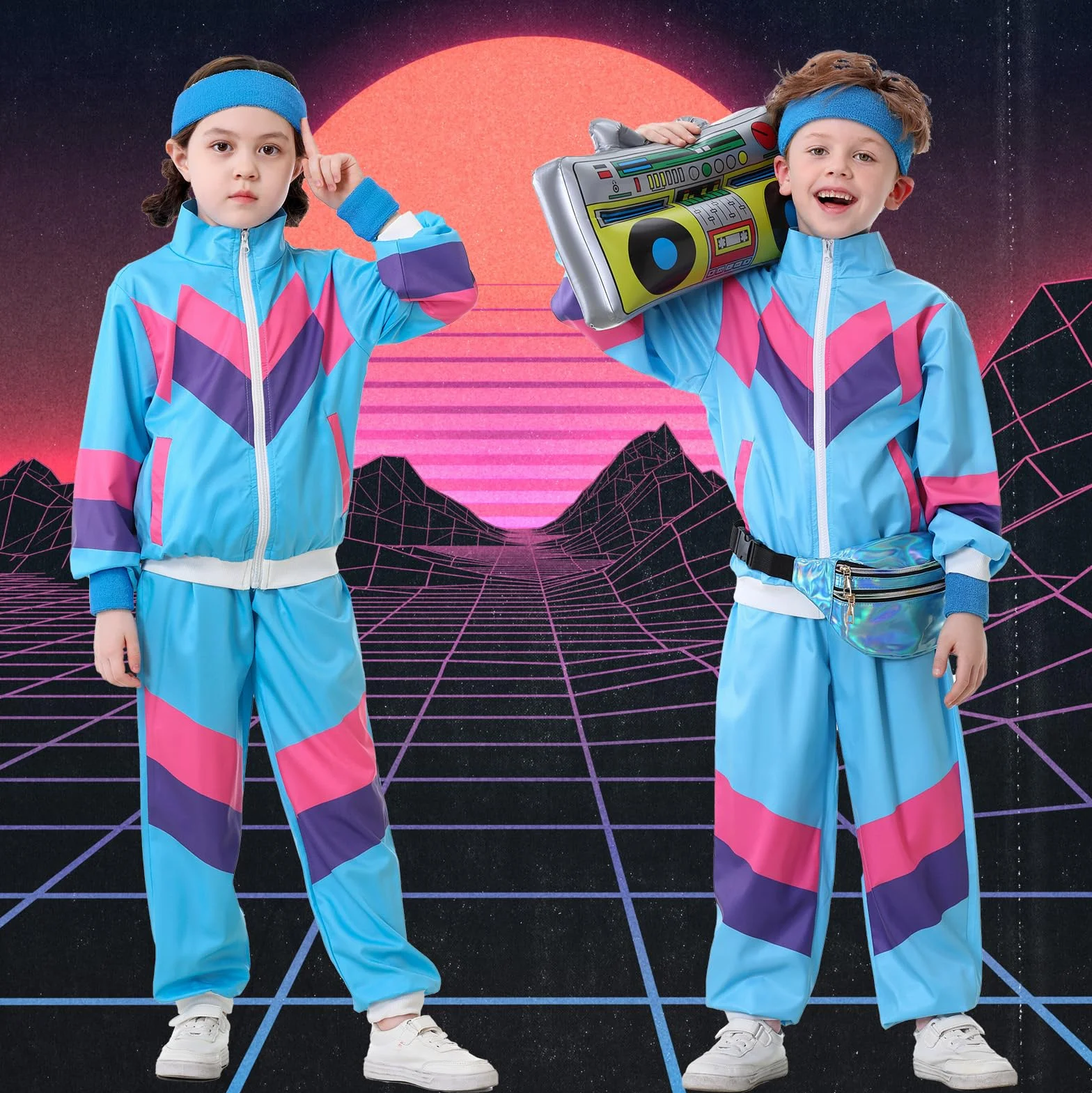 Ezuwail Traje deportivo para niños de los años 80 y 90 para niños y niñas, 6 piezas, unisex, retro, cortavientos, entrenamiento, hip hop, disfraz de baile