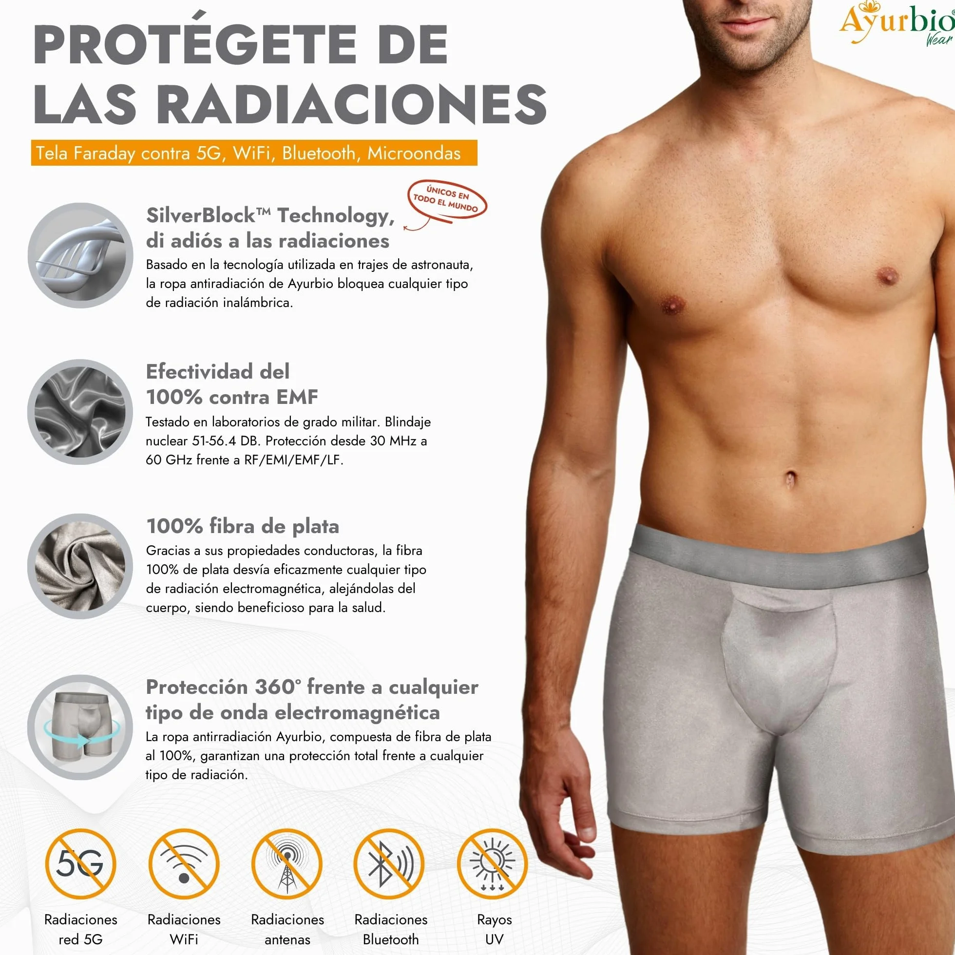 Ayurbio Short Hombre de Protección EMF y RF contra Radiación 100% Fibra de Plata. Ropa Antirradiación. Bóxer con Blindaje Nuclear Frente a Ondas Electromagnéticas, 5G, WiFi, Teléfono, Antenas.