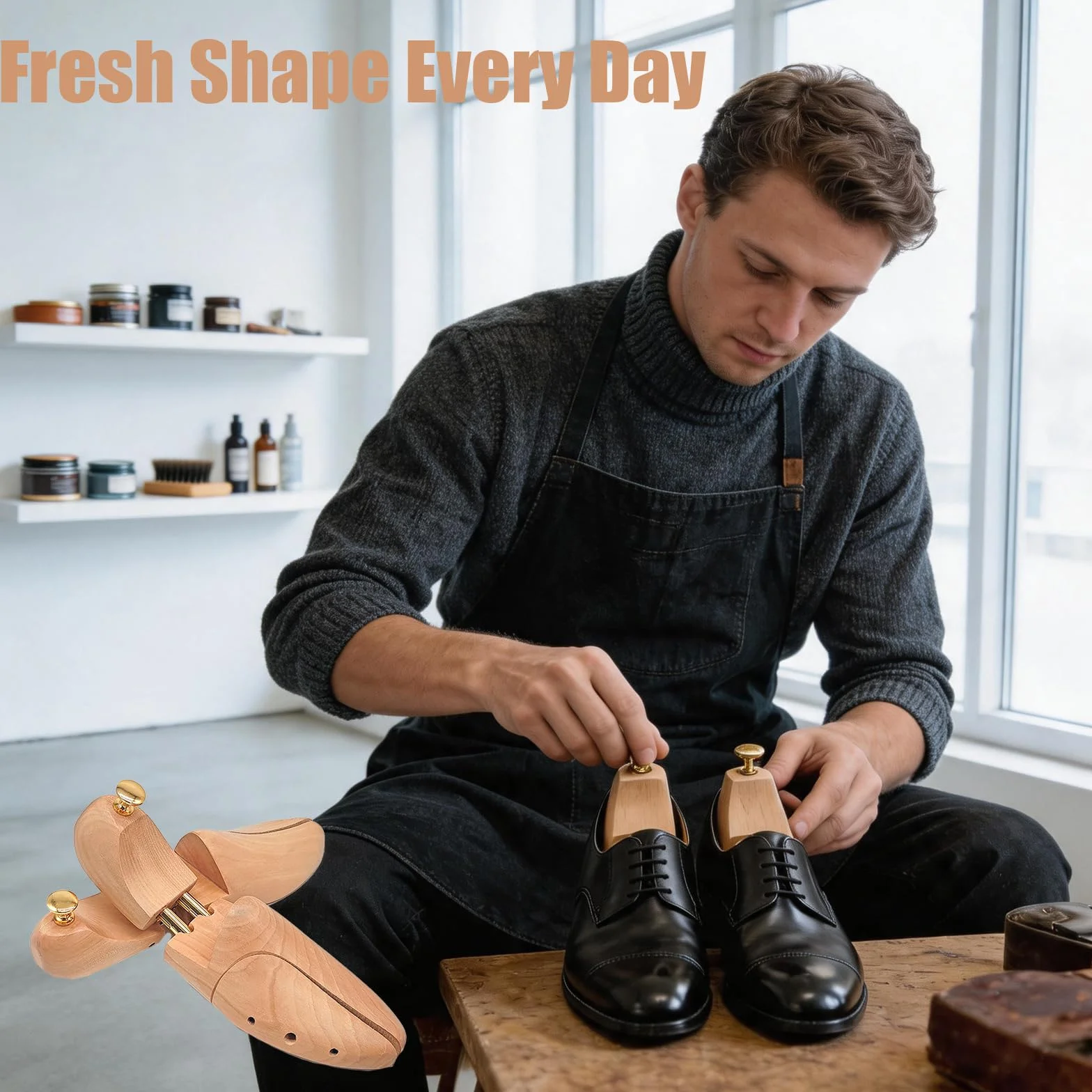 Hormas para Zapatos de Madera Hombre Mujer, Horma Zapatos Ajustable Ensanchador y Moldeador de Calzado, Shoe Tree de Cedro con Calzador, Mantiene Forma del Zapato, 1 Par, 41-42