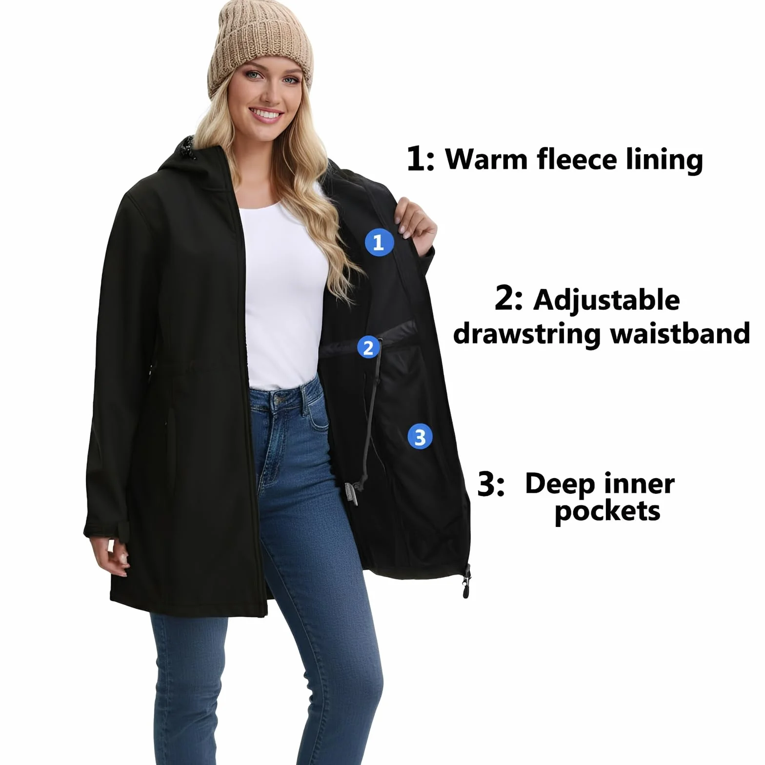 Chaqueta de Entretiempo Mujeres Chaquetas Impermeables Softshell con Capucha Otoño Invierno Windbreak Impermeable lluvia para mujer